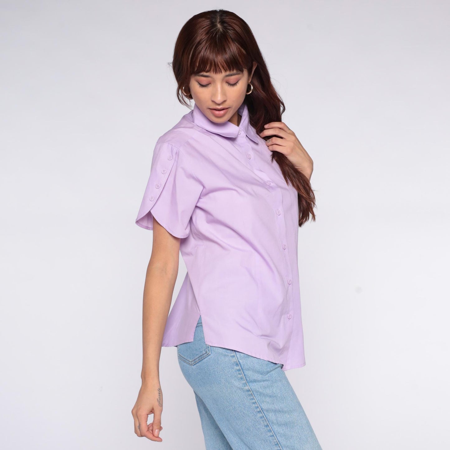 80s American Sweetheart Lavender Button Blouse Peter Pan Collar Medium M
