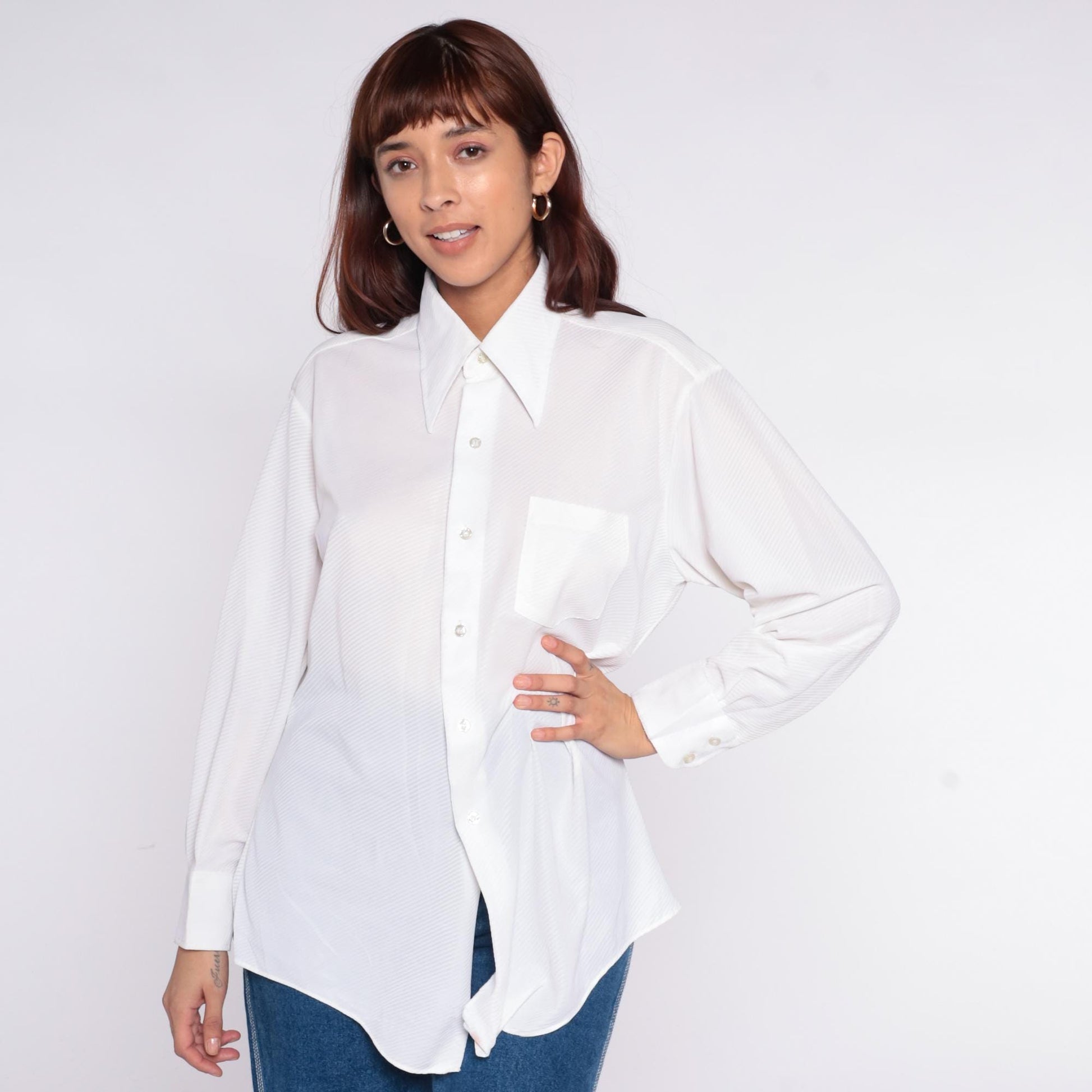 70s Montgomery Ward White Button-Up Shirt Diagonal Ribbed Long Sleeve Large