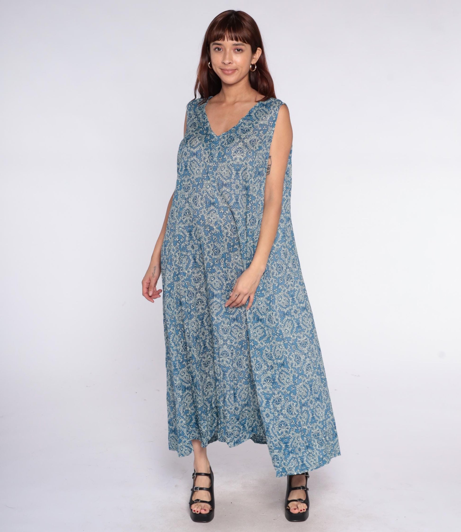 Y2K Coldwater Creek Blue Paisley Maxi Dress Plus Size Cotton V-Neck Sleeveless Extra Extra Large XXL