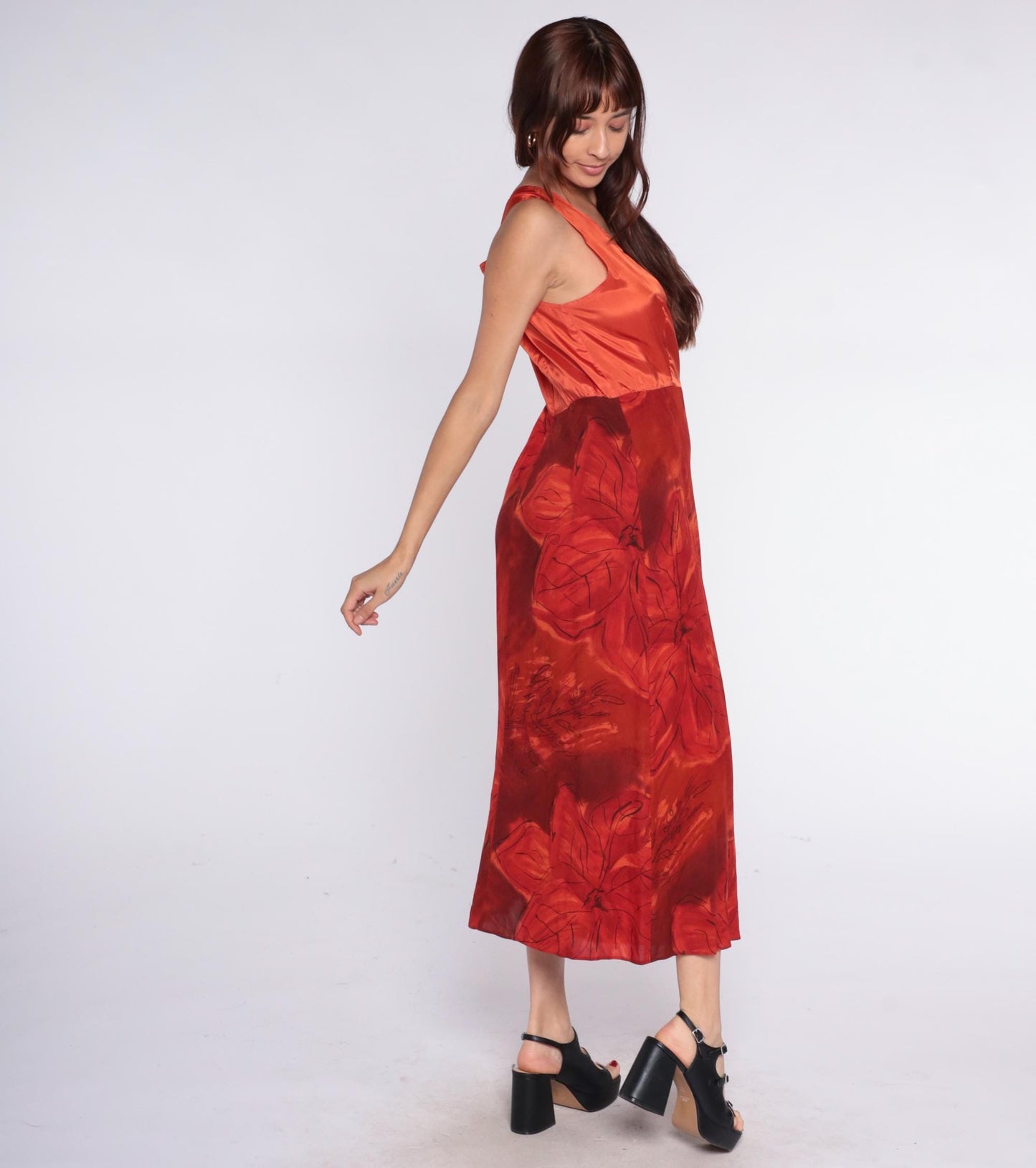 90s Positivity Attitude Red Floral Maxi Dress Sleeveless Rayon Large