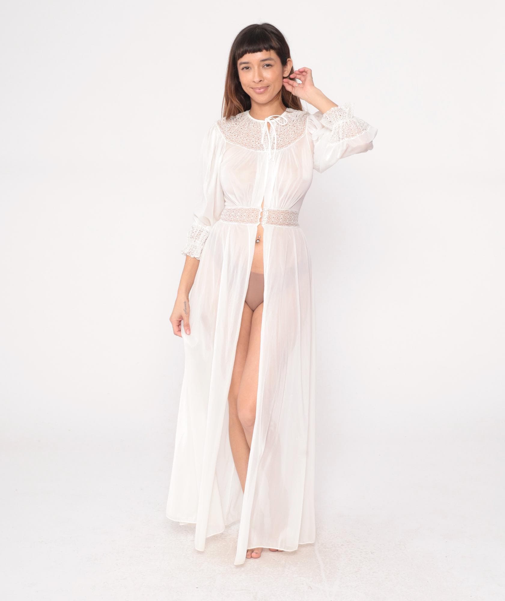 70s Lady Leonora Lace Robe Off-White Nylon Tie-Front Maxi Negligee Small