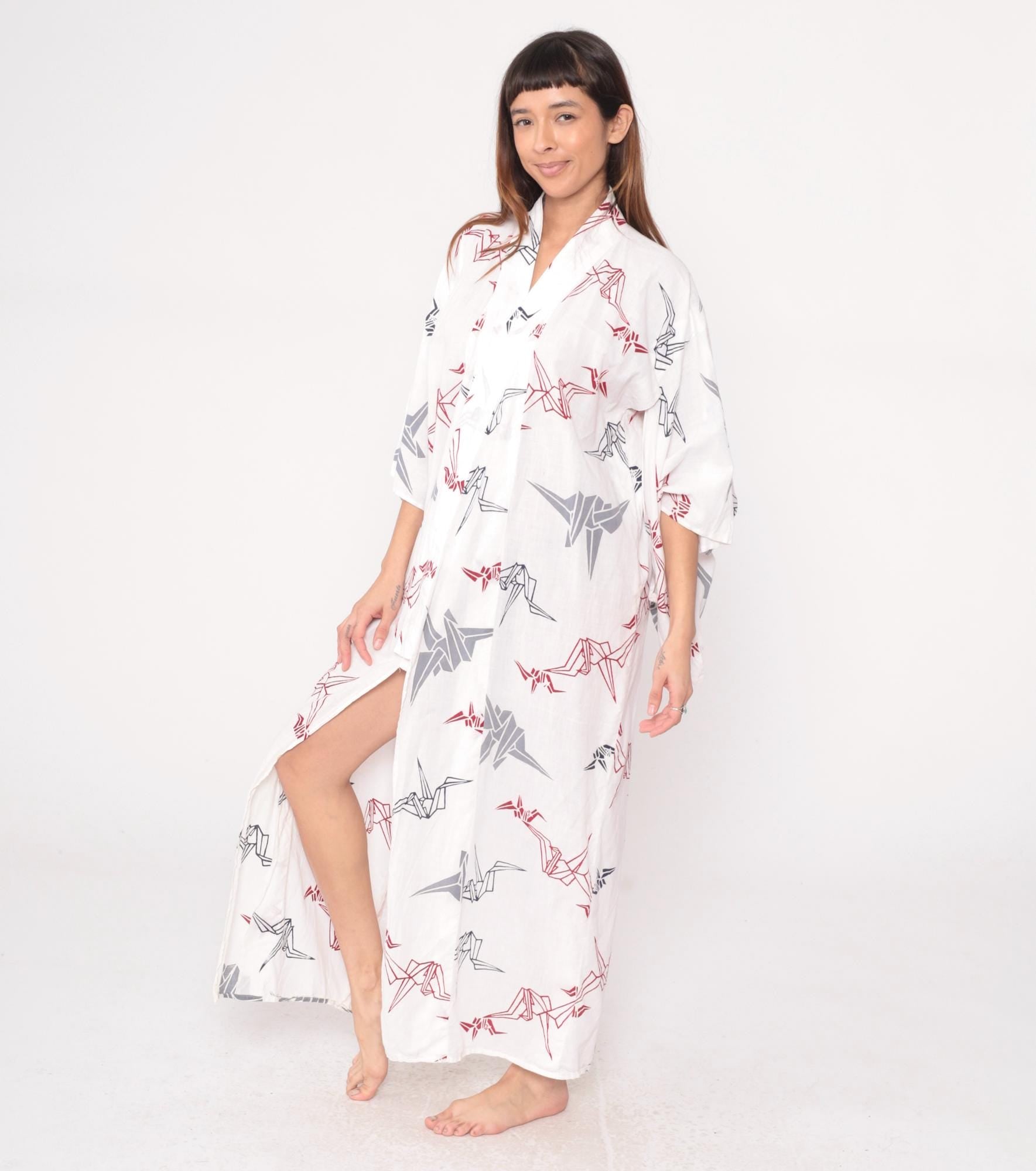 80s White Origami Crane Kimono Robe Maxi Cotton Duster Collared Large