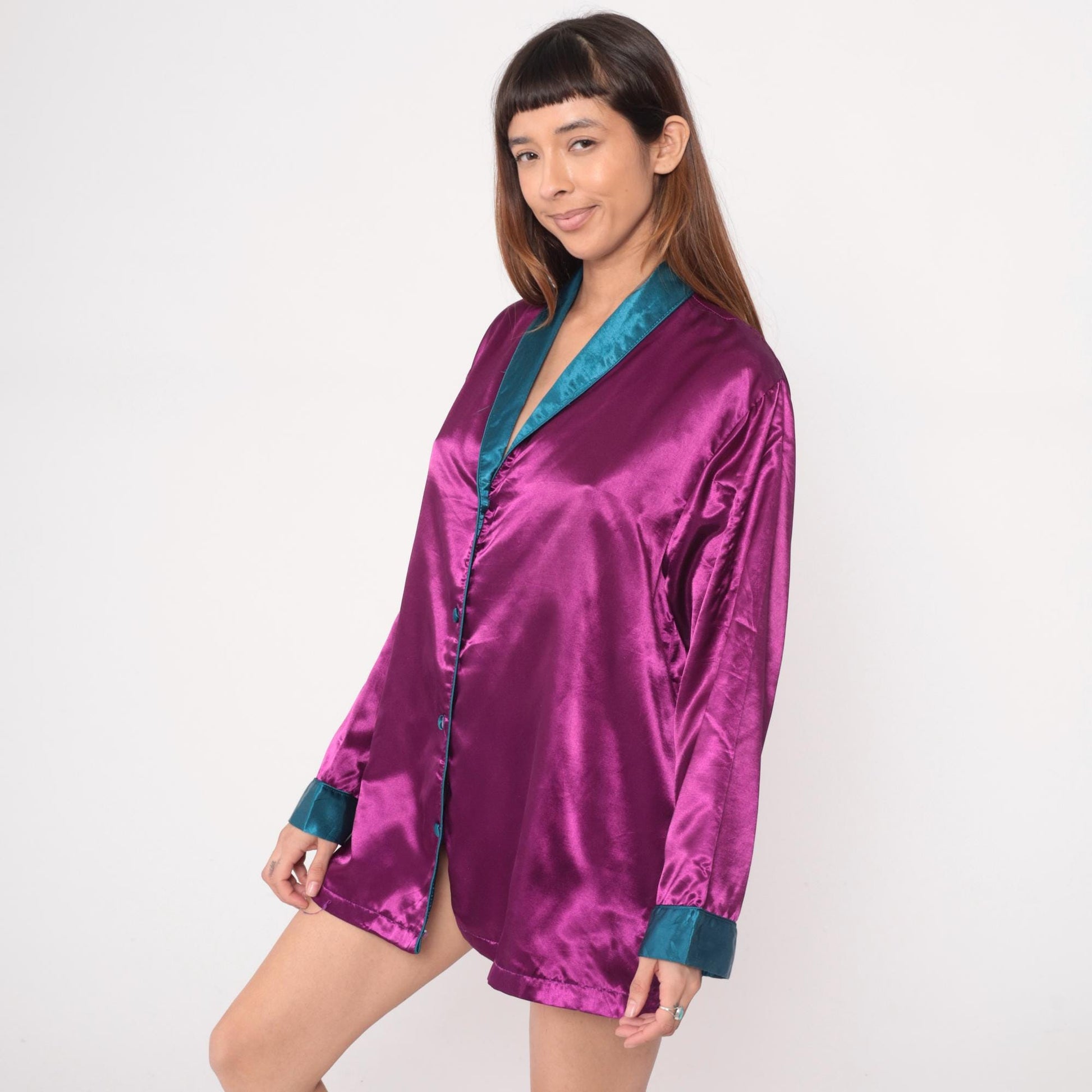 90s Purple Satin Sleep Shirt Teal Trim Button Front Tunic Large L