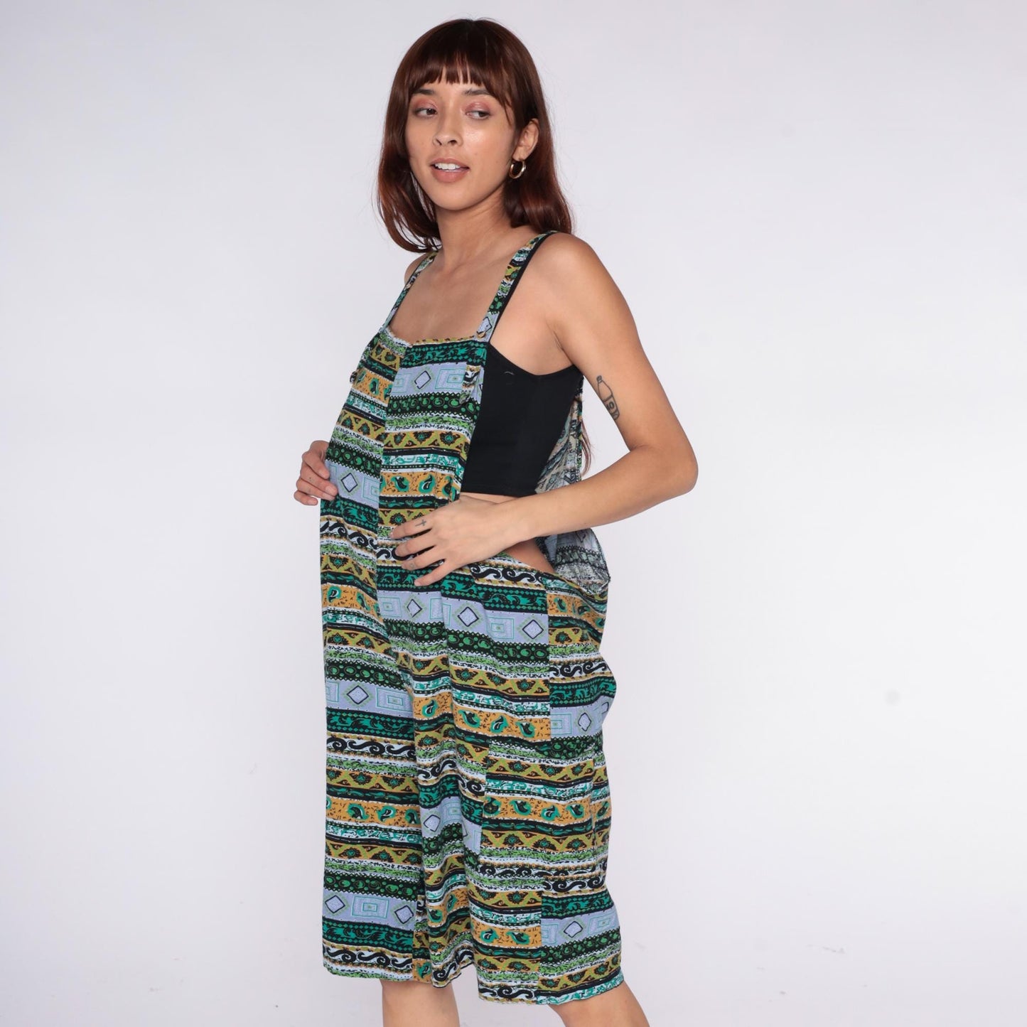 Y2K Striped Sleeveless Romper Geometric Print Teal Orange Mustard Medium