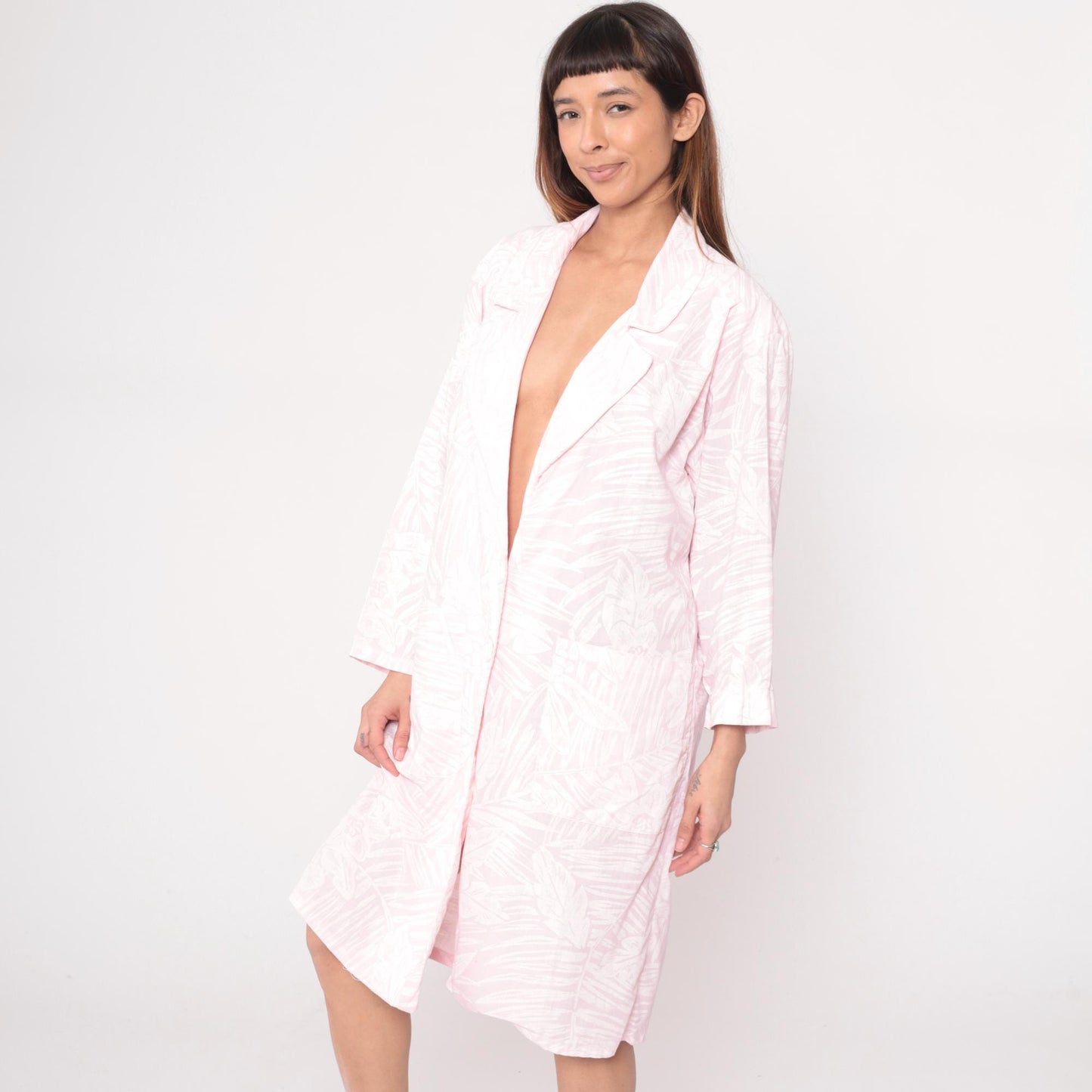 80s Pink Floral Robe Knee-Length Button-Front House Coat Medium