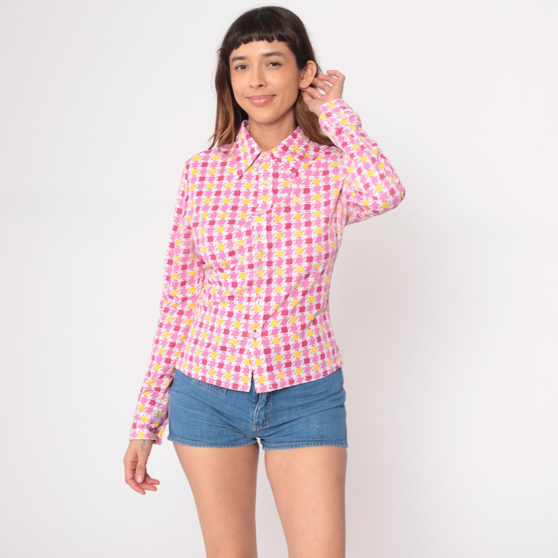 90s Guess Geometric Square Print Button Blouse Pink Yellow Small S