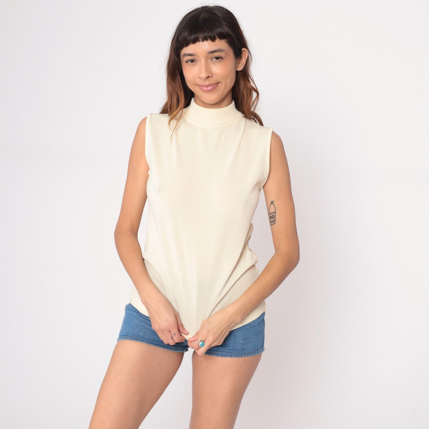 70s Cream Sleeveless Turtleneck Knit Shell Tank Top Small