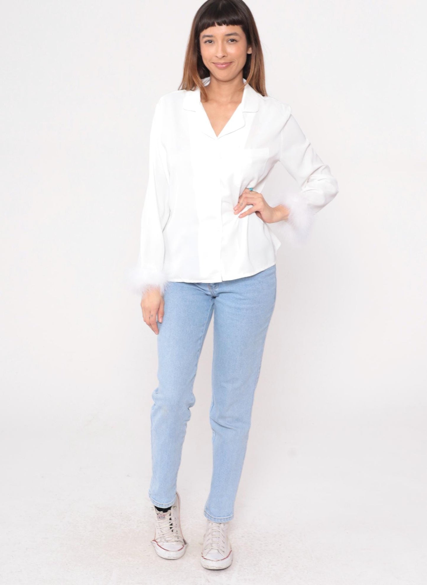 90s White Feather Trim Blouse Notched Collar Button-Up Long Sleeve Medium