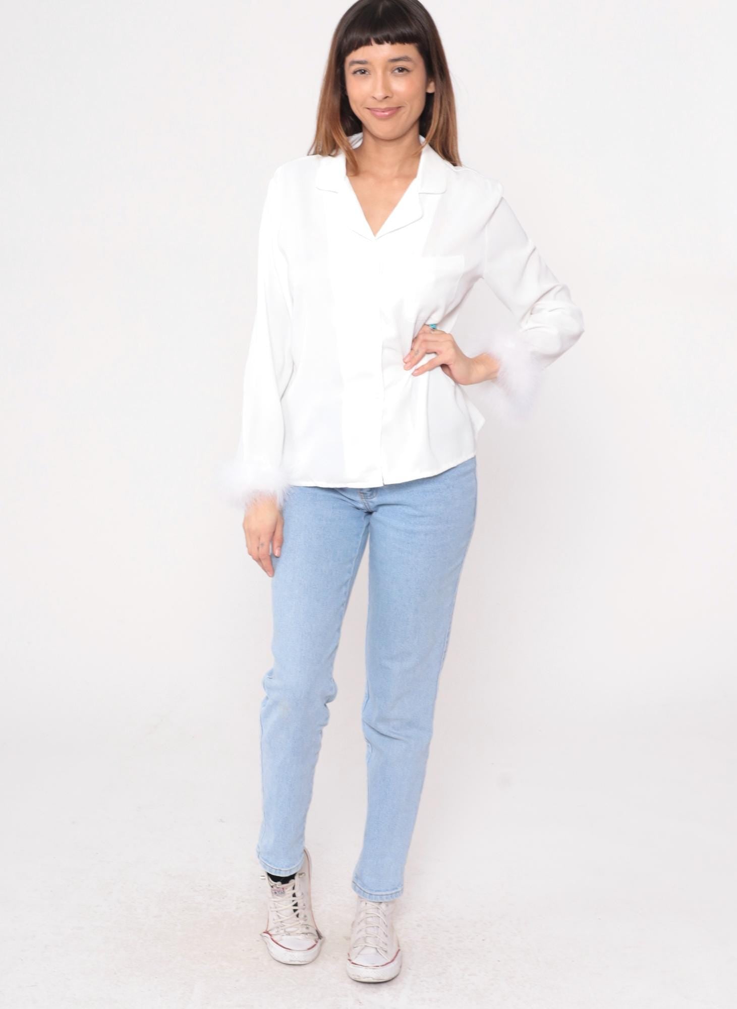 90s White Feather Trim Blouse Notched Collar Button-Up Long Sleeve Medium