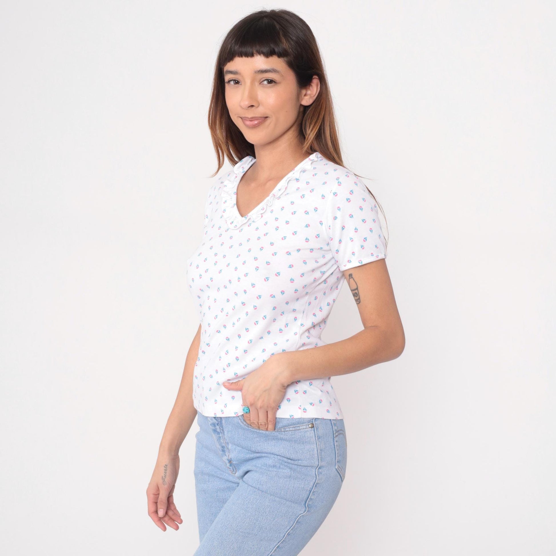 80s Sailboat Print Cotton Blouse Peter Pan Collar White Medium M