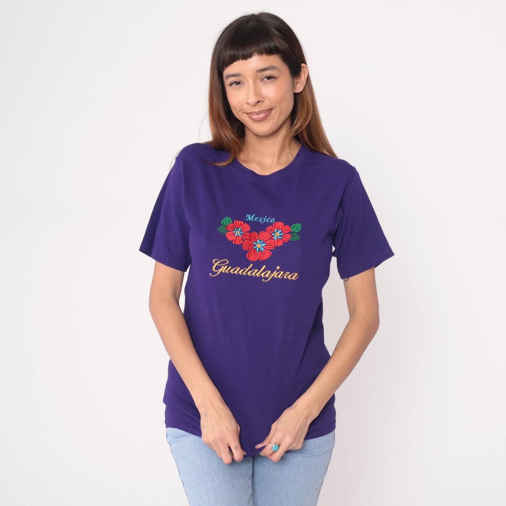 Y2K Yazbek Mexico Guadalajara Embroidered Floral T-Shirt Purple Small S
