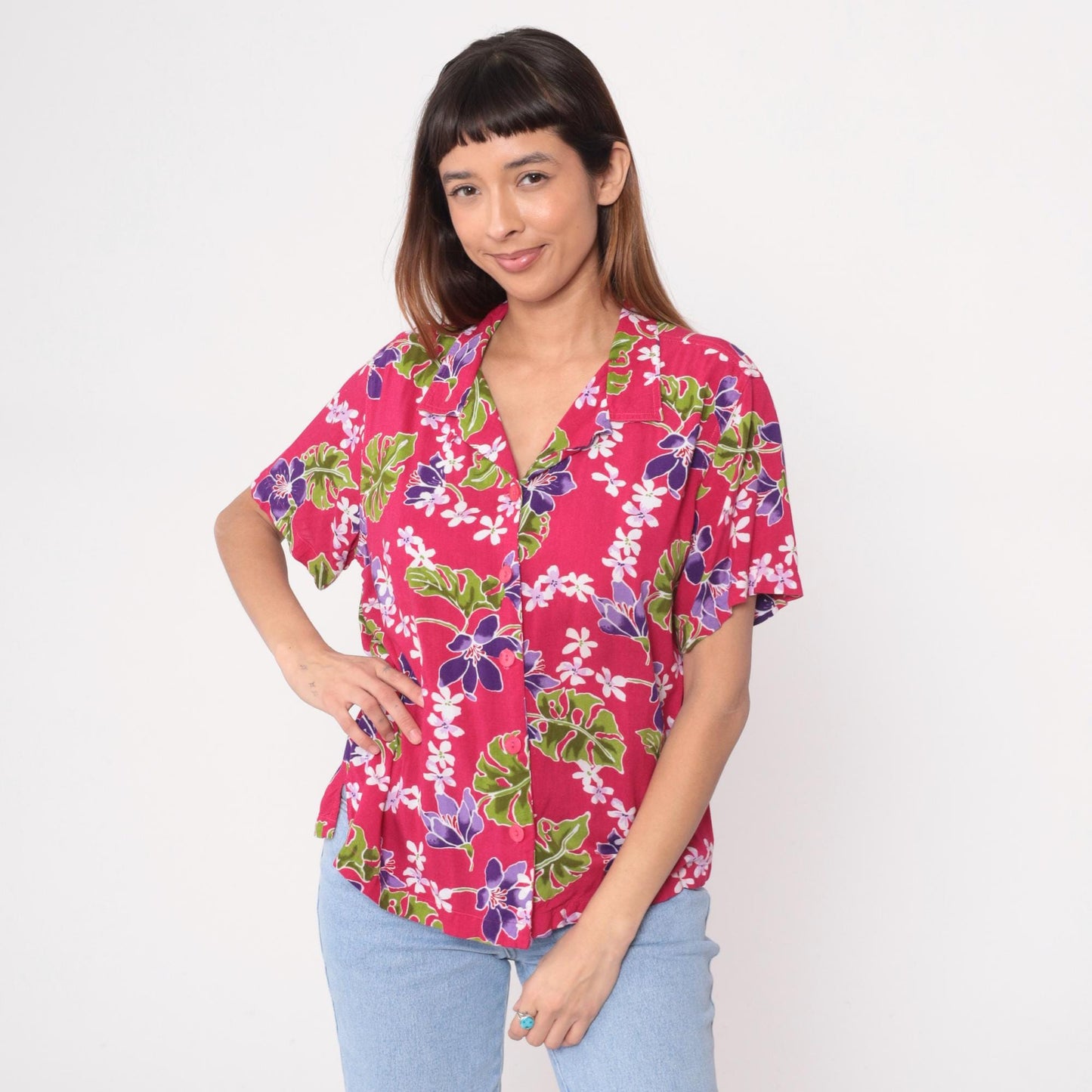 90s Basic Editions Hawaiian Shirt Fuchsia Floral Tropical Blouse Extra Large XL