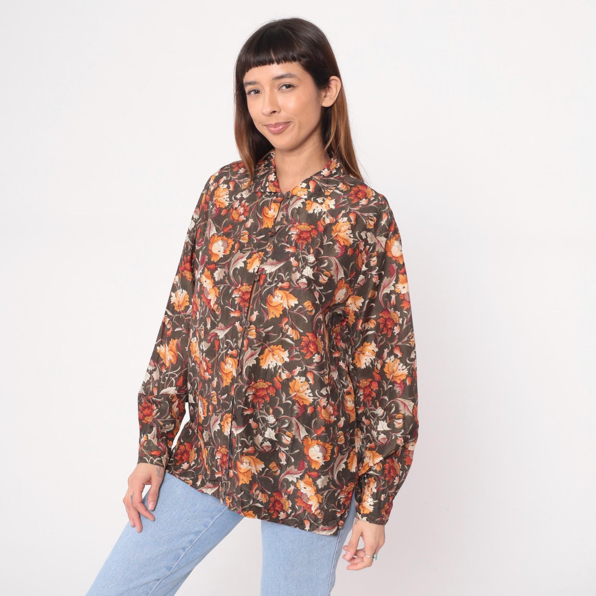 90s Silk Floral Button-Up Blouse Brown Orange Rust Cream Medium M