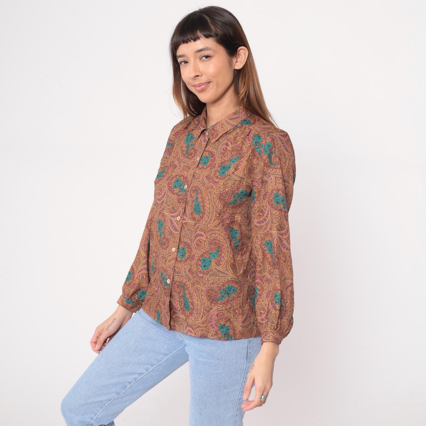 70s Paisley Button-Front Blouse Brown Turquoise Floral Long Sleeve Medium