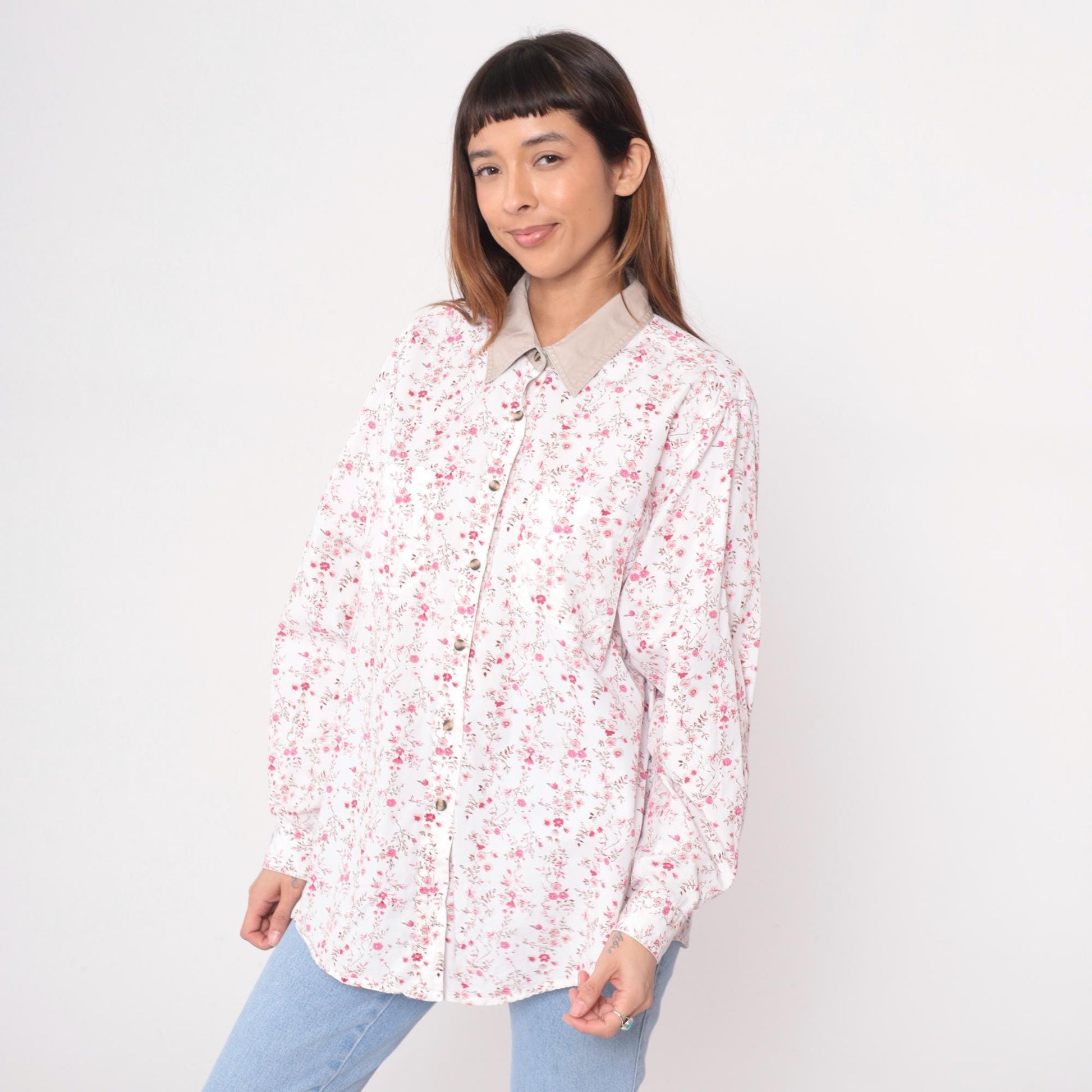 Y2K Cabin Creek Floral Button-Up Blouse White Pink Tan Collar Plus Size XXL