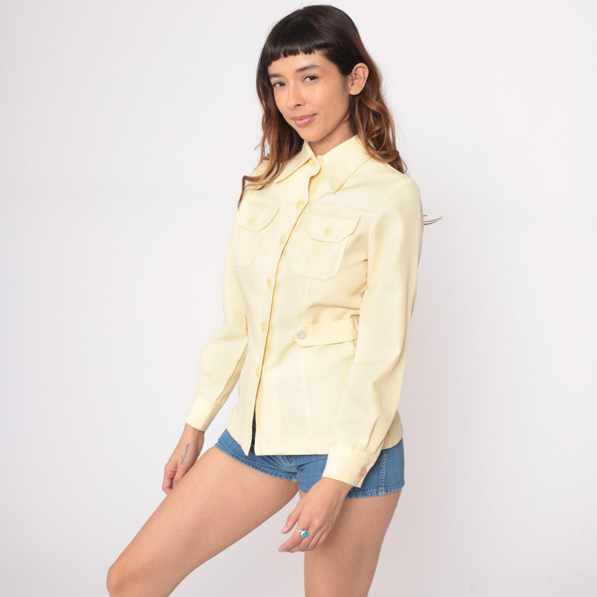 70s Yellow Safari Shirt Dagger Collar Button-Up Fitted Blouse Small