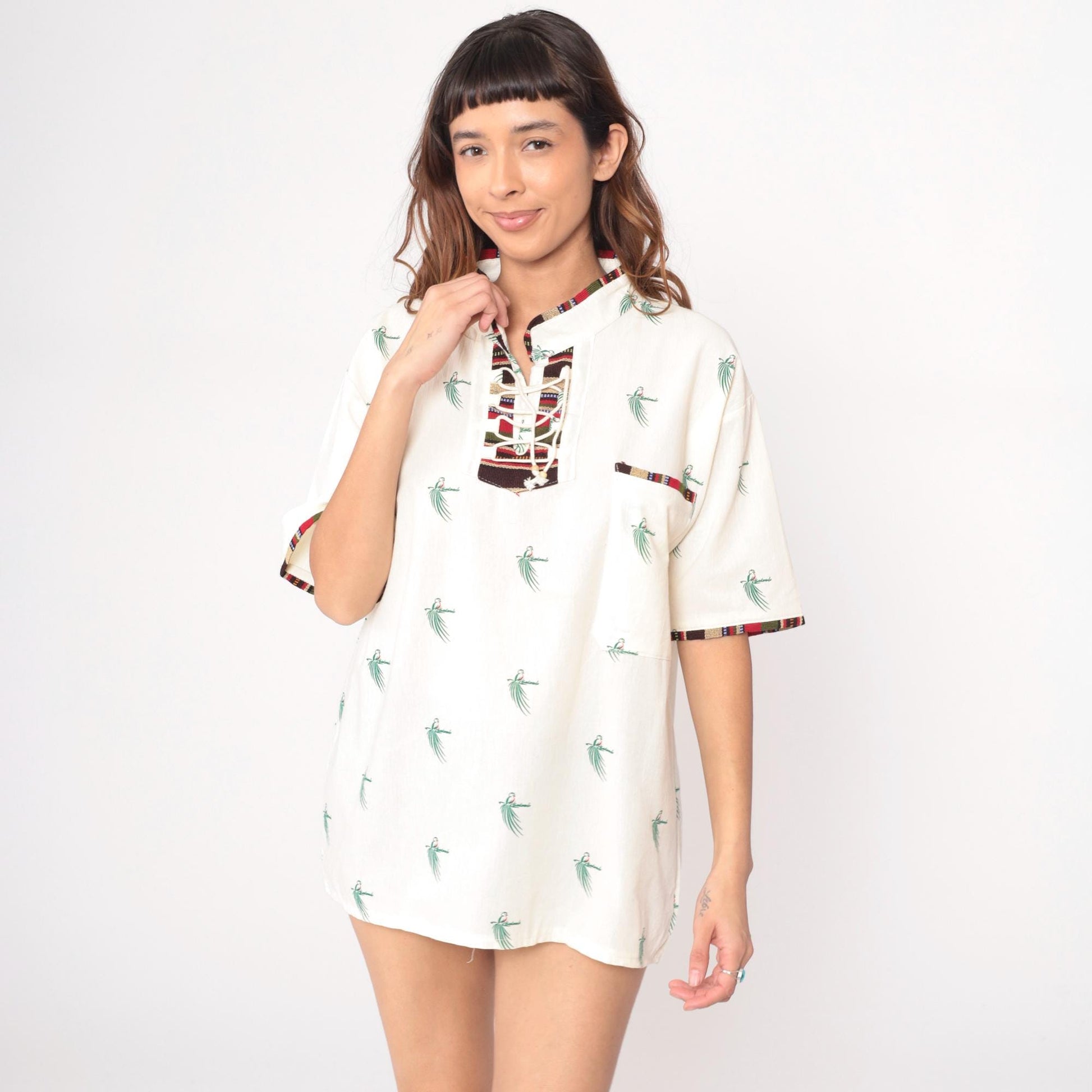 Y2K Guatemala Quetzal Bird Print Lace-Up Tunic Cream Cotton Short Sleeve Large L