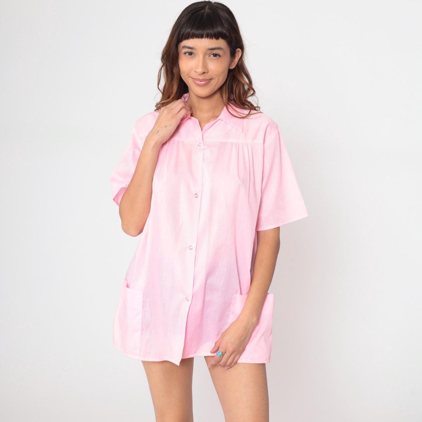 70s Kani of Kalifornia Pink Snap Front Tunic Blouse Large L
