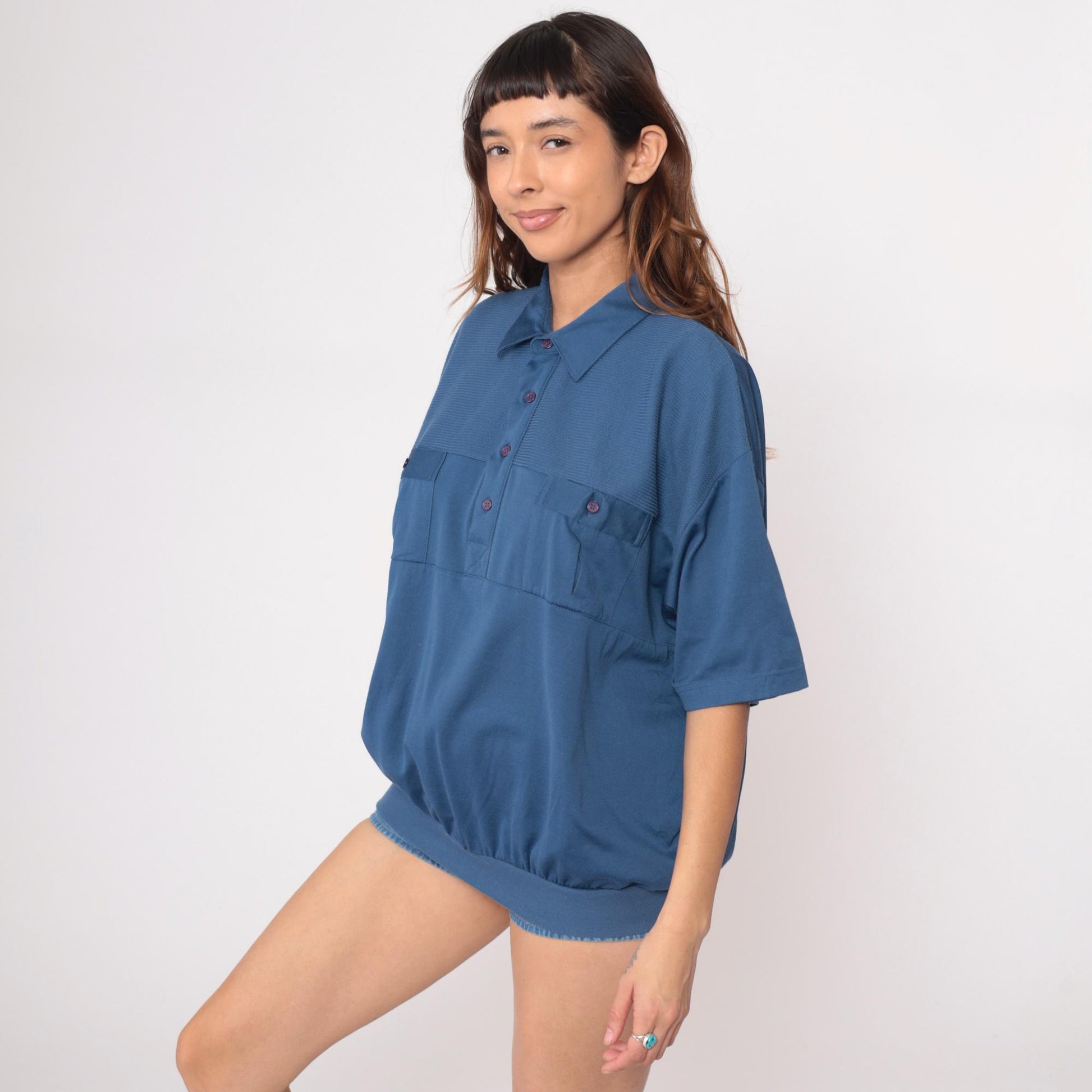 80s Navy Polo Shirt Cotton Blend Waffle Knit Chest Pockets Short Sleeve Large L