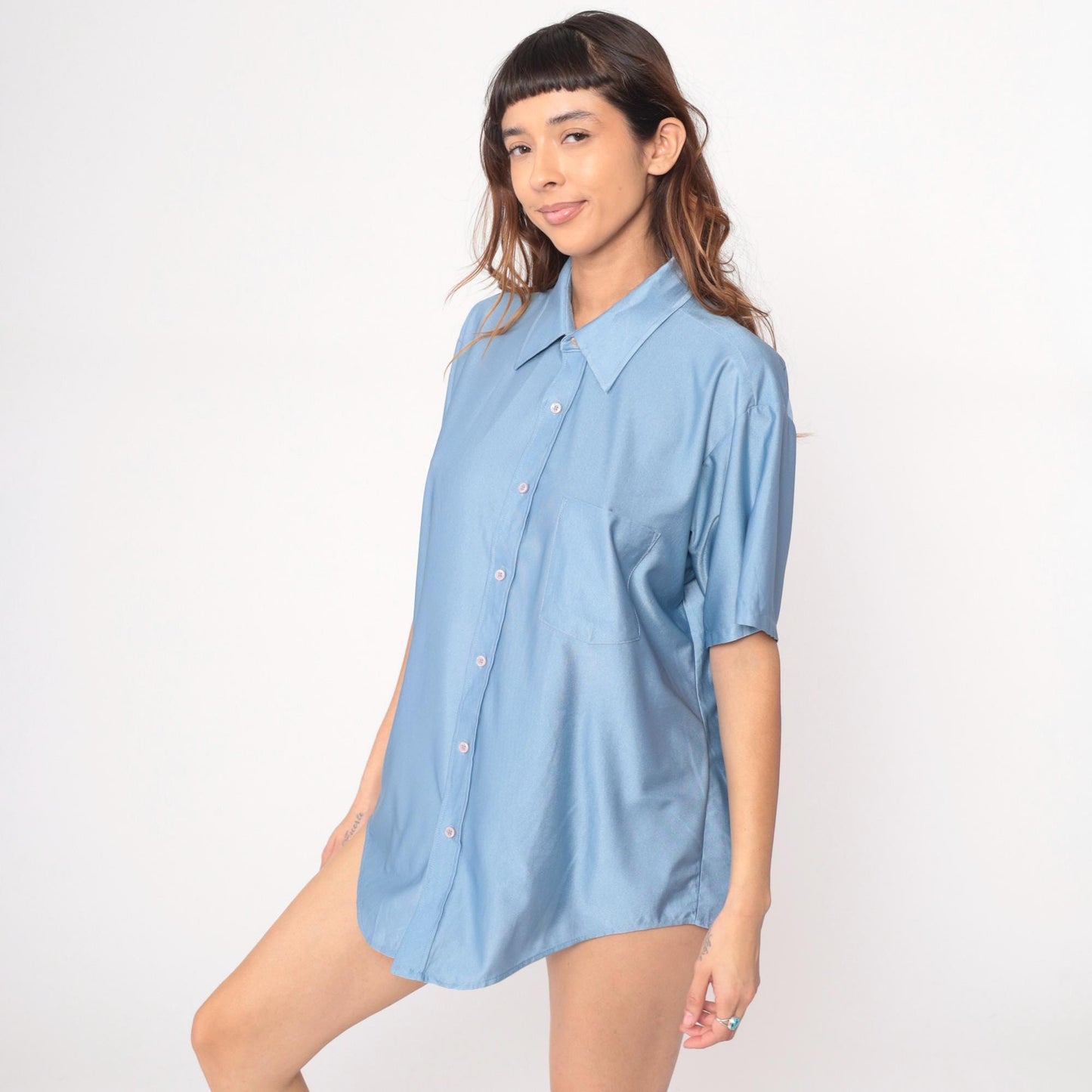 70s Van Heusen Light Blue Button-Front Shirt Short Sleeve Pointed Collar Extra Large
