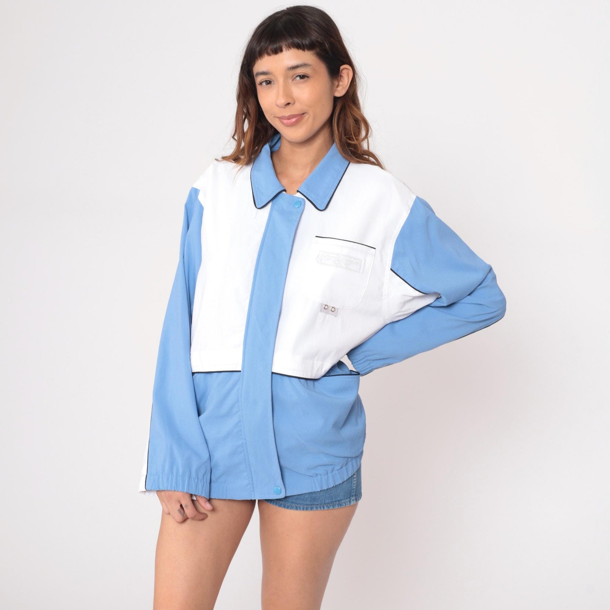 90s Alfred Dunner Color Block Windbreaker Blue White Geometric Jacket Large