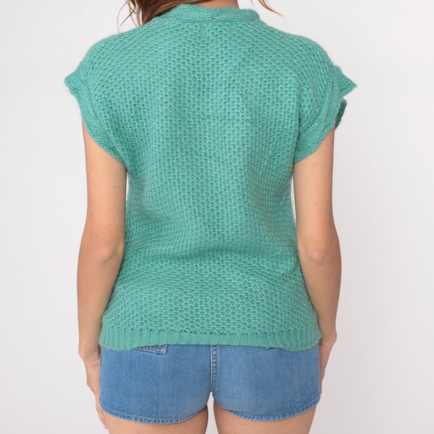 80s Lady Van Huesen Mint Green Cable Knit Sweater Vest V-Neck Small