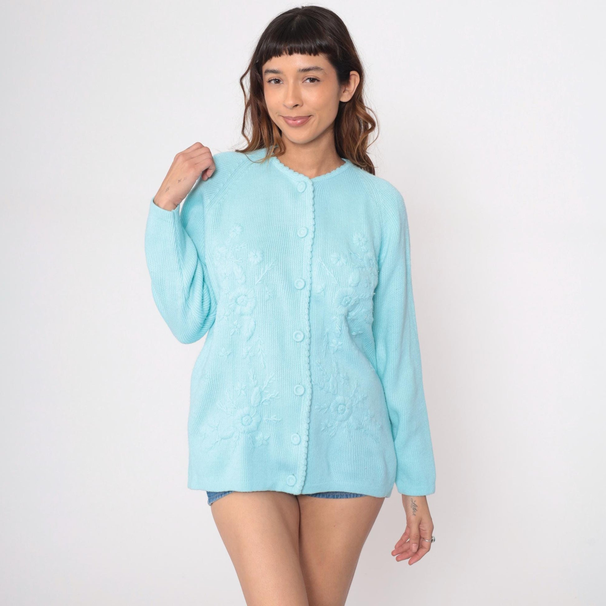 70s Pale Blue Cardigan Embroidered Floral Button Front Knit Medium