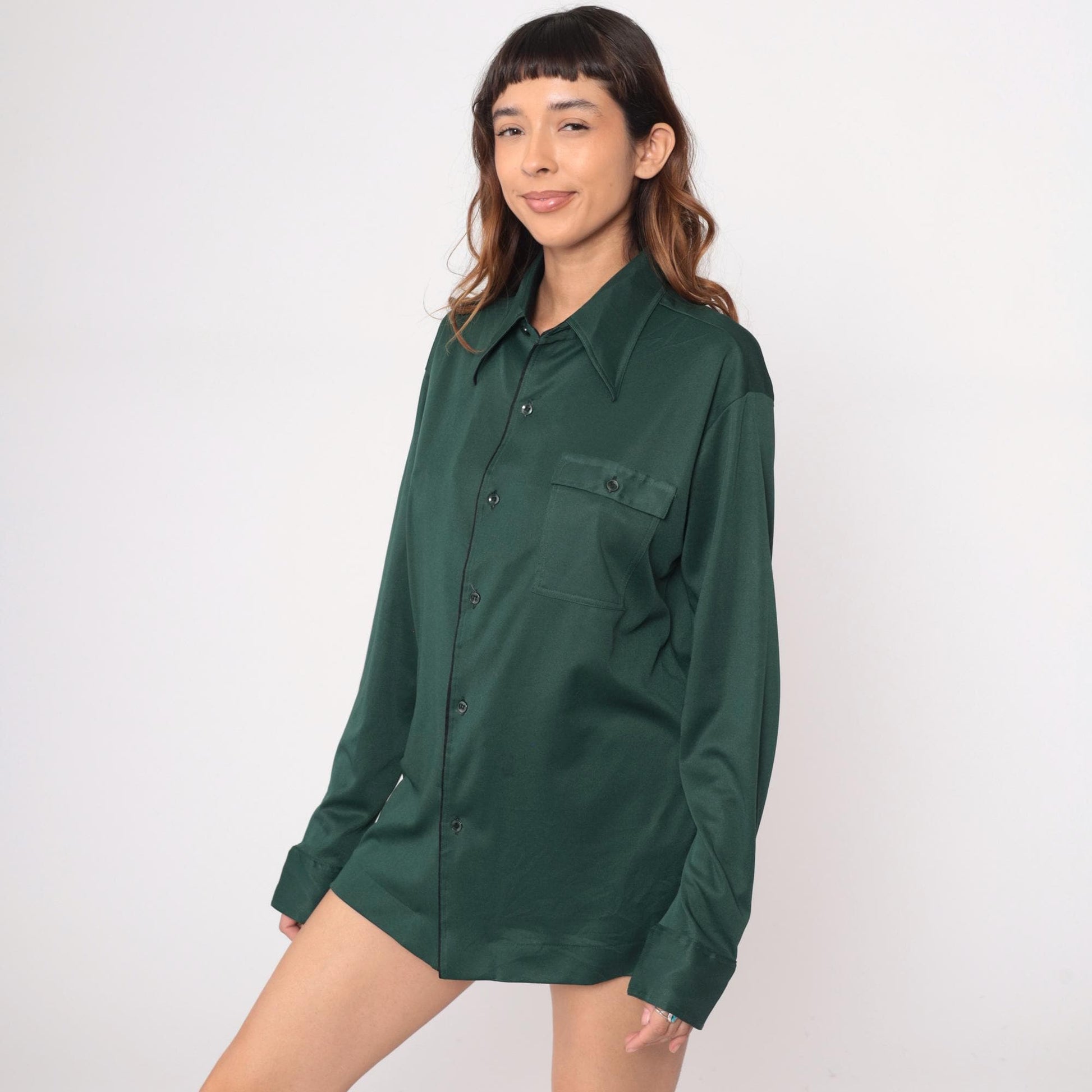70s Forest Green Button-Front Shirt Long Sleeve Pointed Collar Polyester Large L
