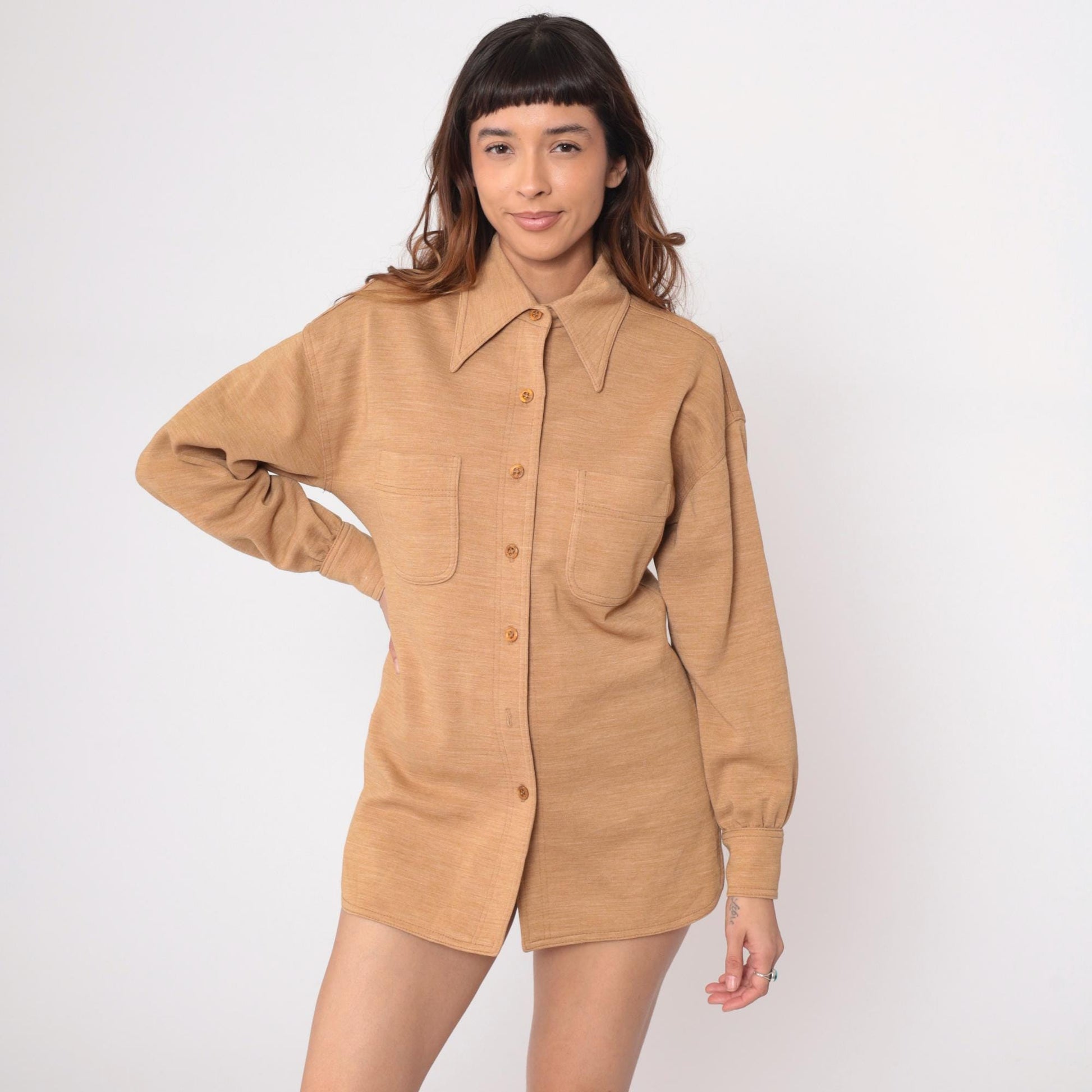 70s Act III Wool Shirt Tan Button Front Collared Tunic Large L