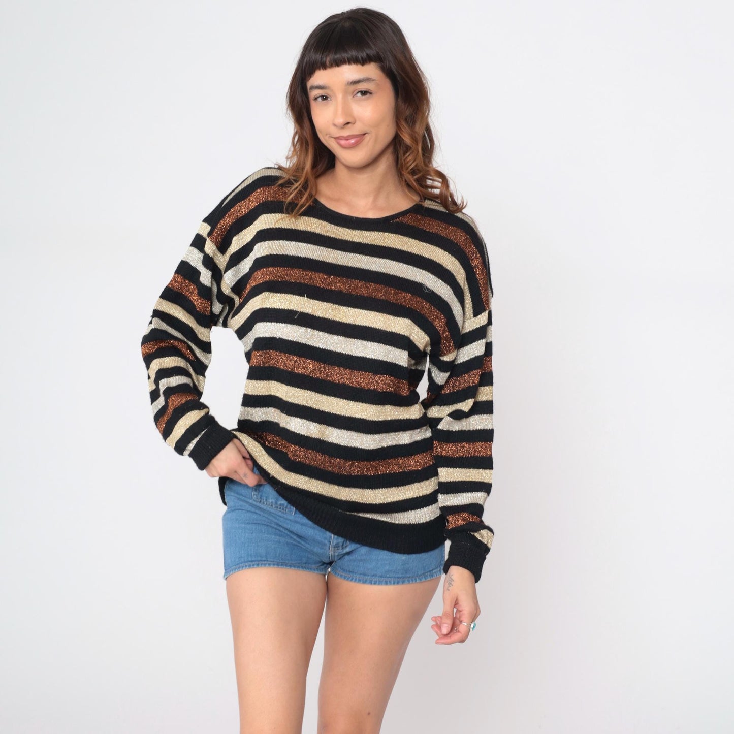80s Casual Corner Metallic Striped Wool Sweater Black Cream Copper Medium