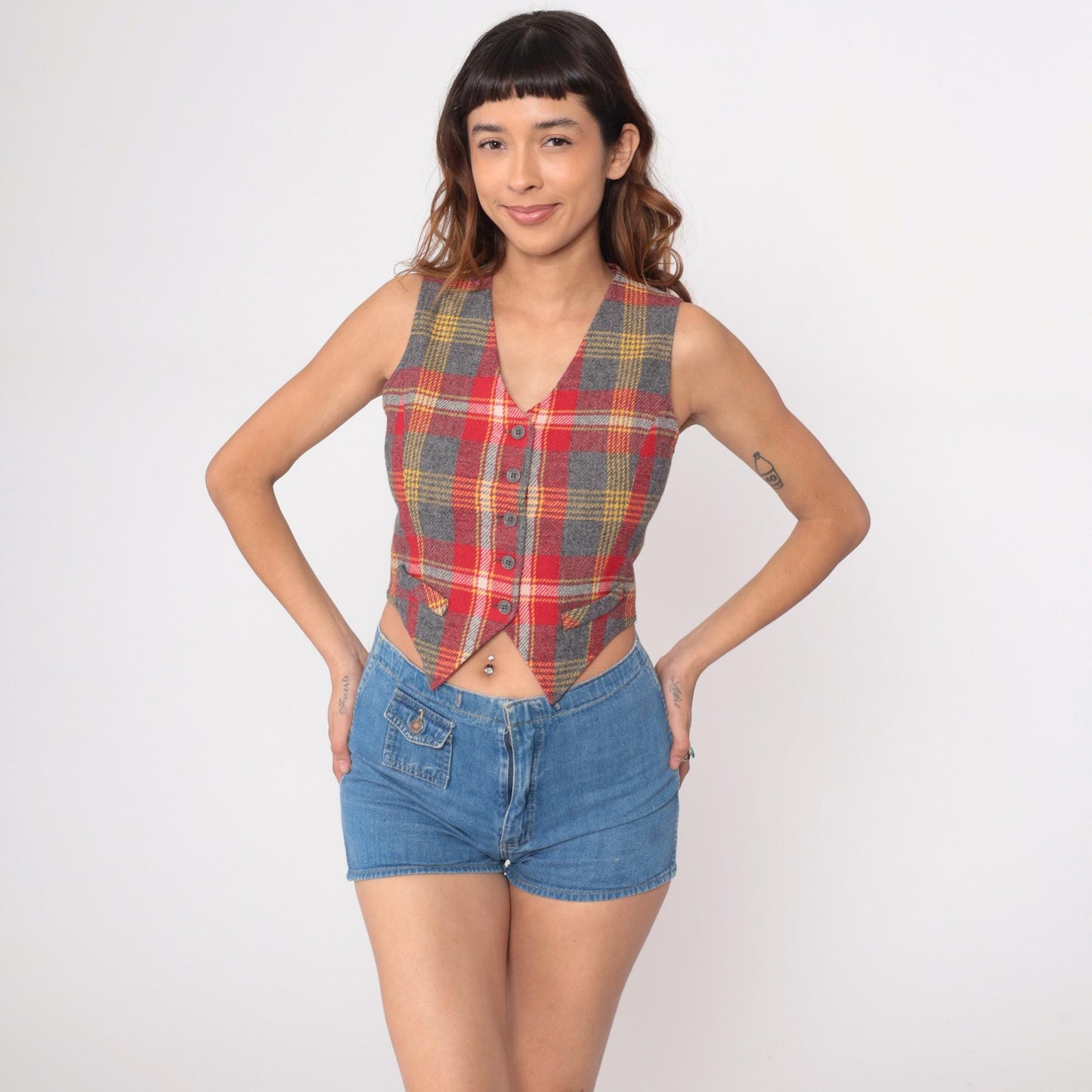70s Bobbie Brooks Plaid Wool Vest Red Grey Gold V-Neck Extra Small XS