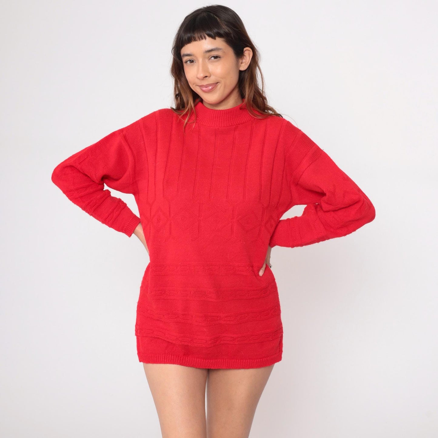 80s Mathias Coral Red Cable Knit Mock Neck Sweater Medium M