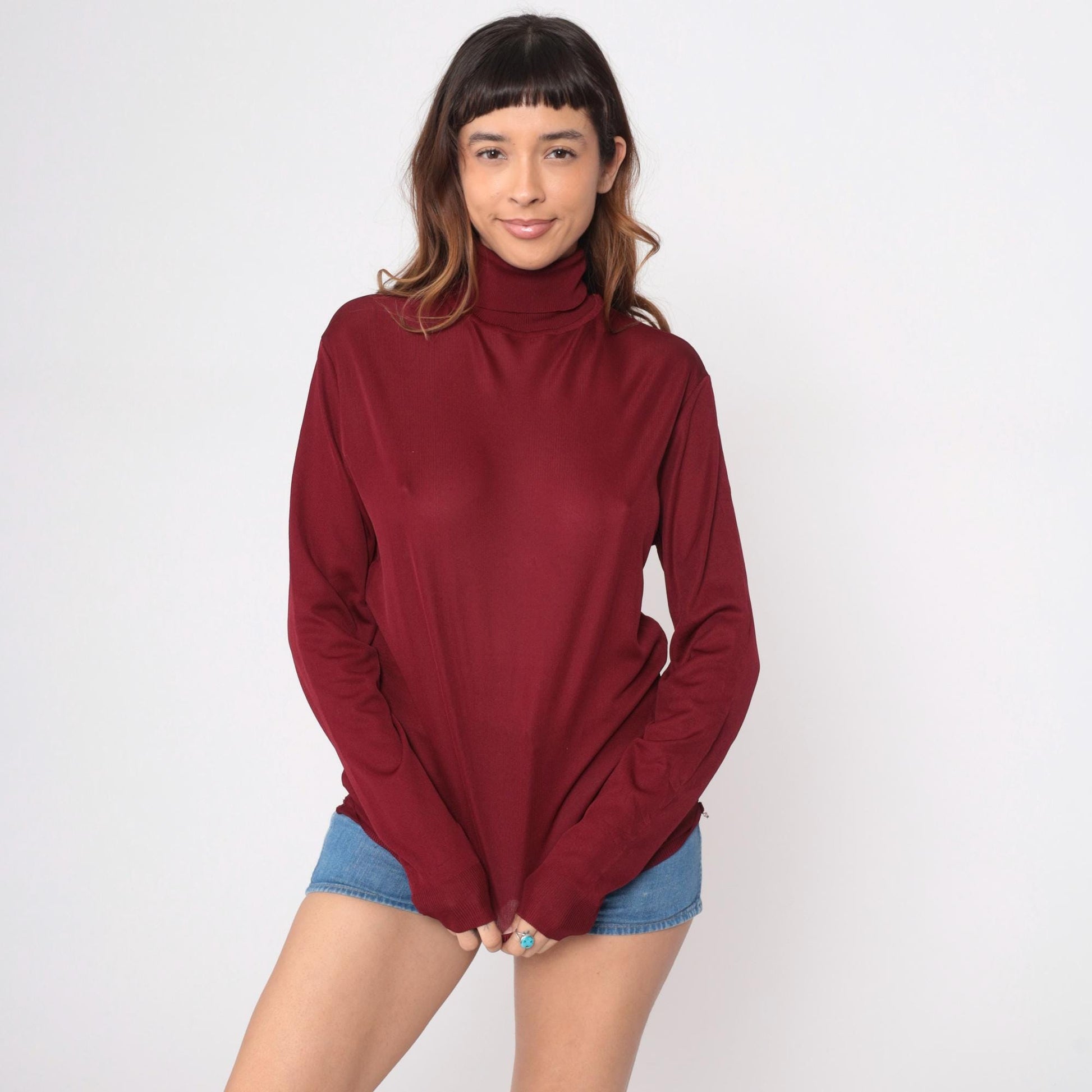 70s Burgundy Turtleneck Long Sleeve Ribbed Knit Pullover Extra Large