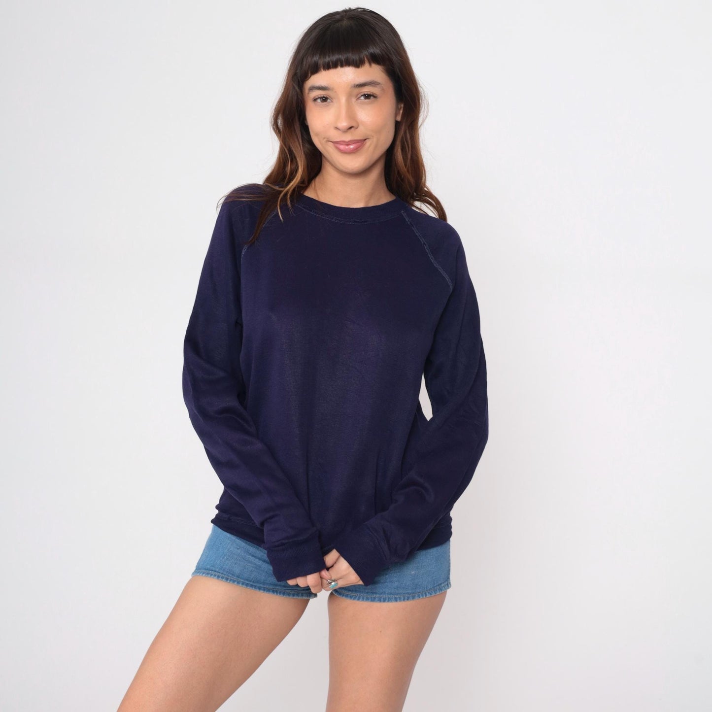 80s Navy Blue Raglan Sweatshirt Crewneck Contrast Topstitching Medium M