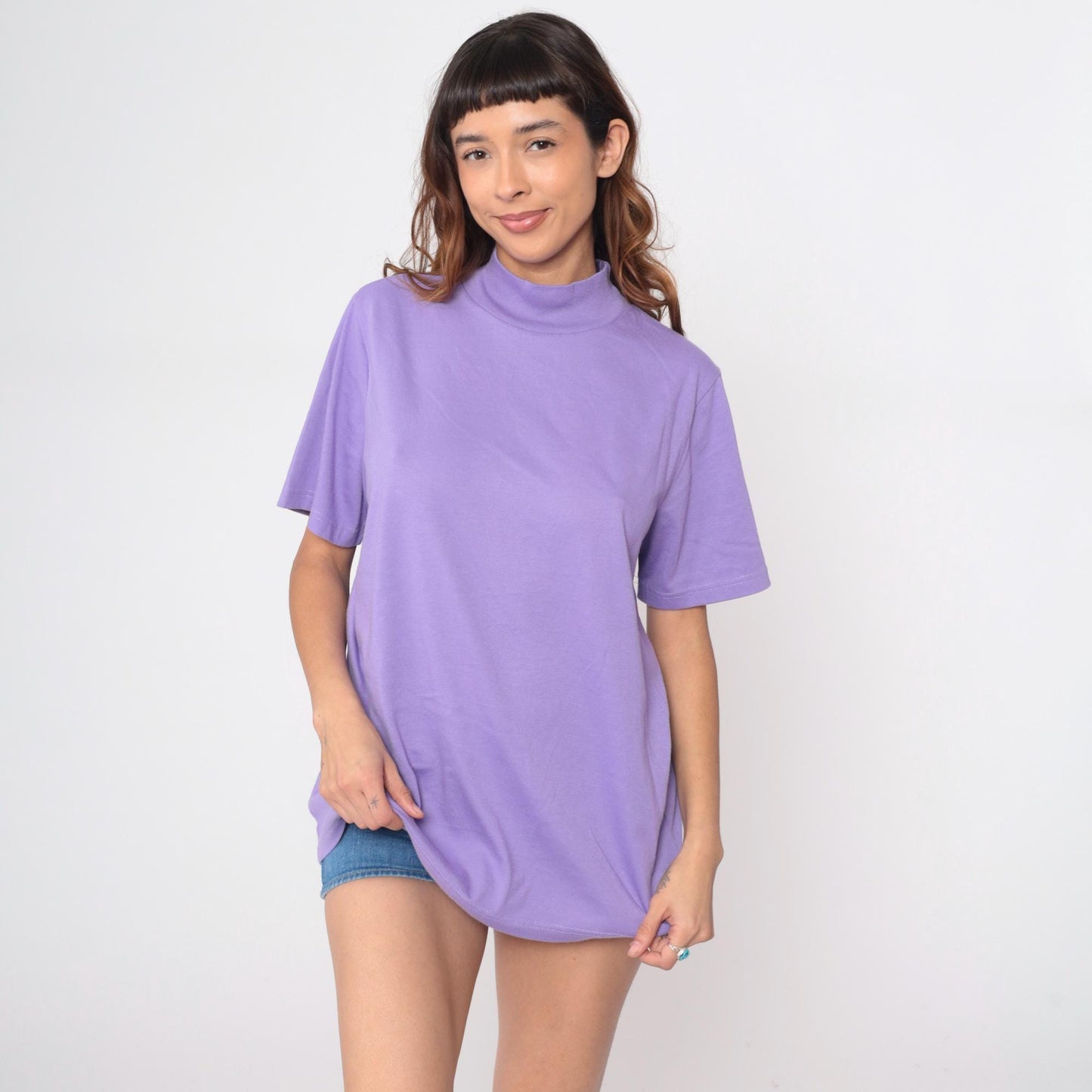 90s Roamans Lavender Mock Turtleneck Short Sleeve Cotton Top Large
