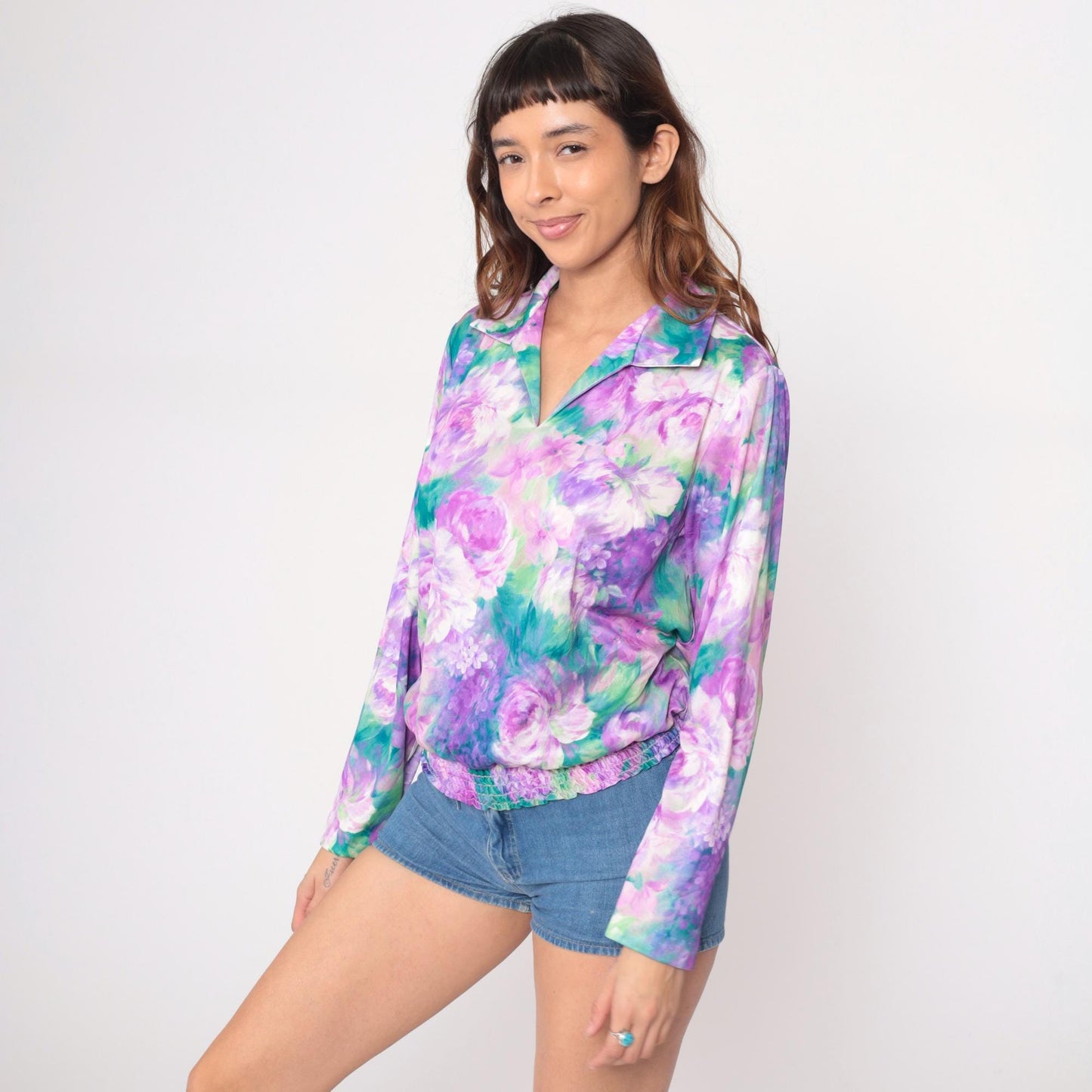 80s Anthony Richards Floral Blouse Purple Lavender Rose Print V-Neck Extra Large