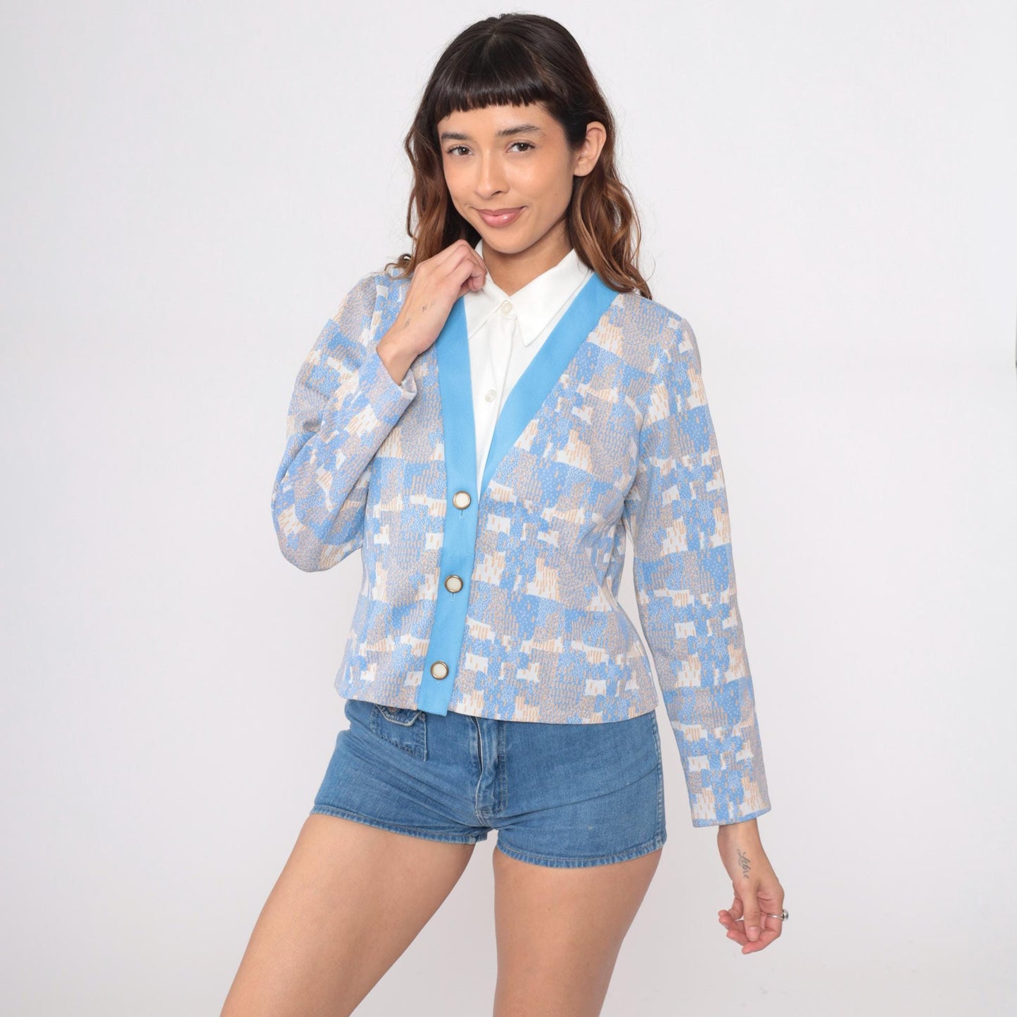 70s Geometric Pixelated Blazer Blue Cream Tan Notched Collar Cropped Medium