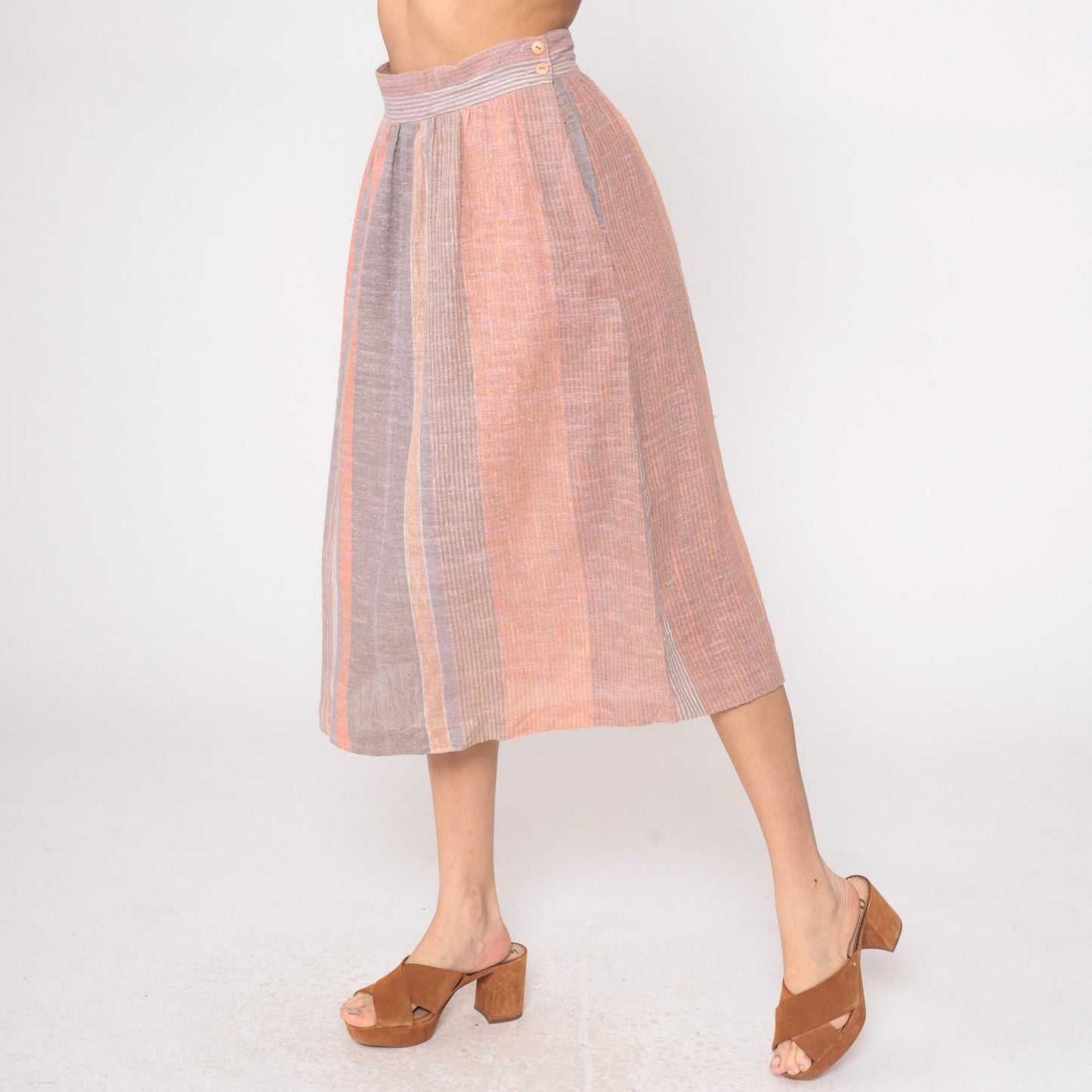 80s Striped Midi Skirt Peach Grey Cream Elastic Waist Pockets Small