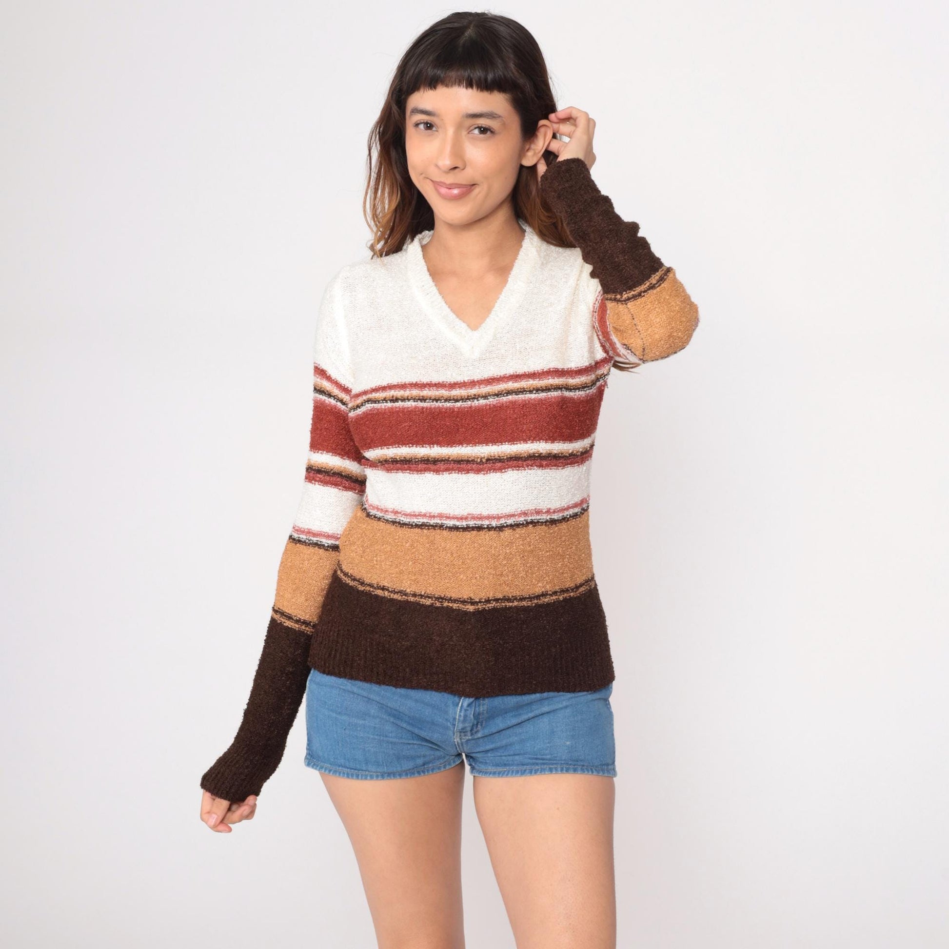 70s Striped V-Neck Pullover Sweater Cream Rust Brown Tan Small