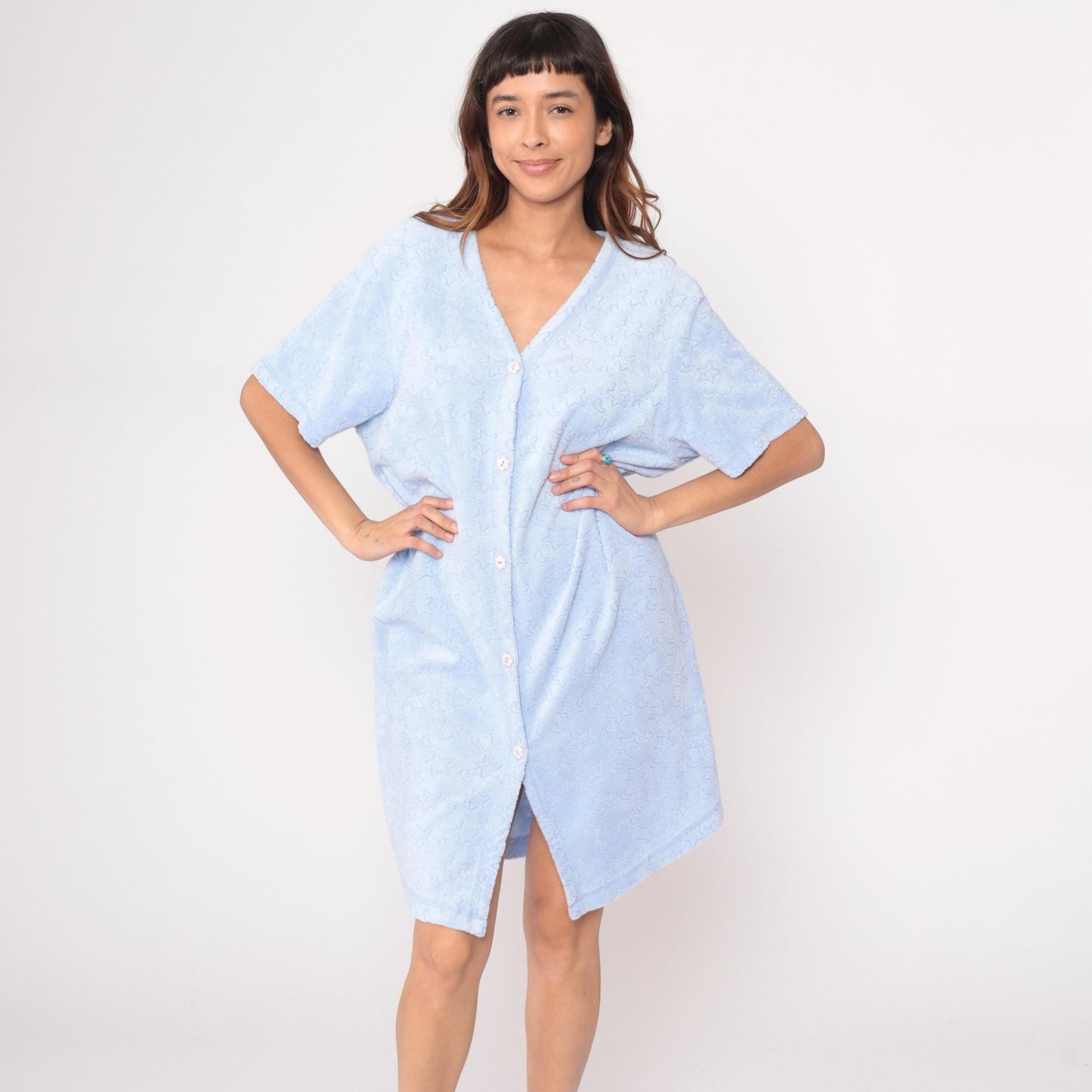 80s Goodnight Celestial Housedress Moon Stars Periwinkle Blue Knee Length Large