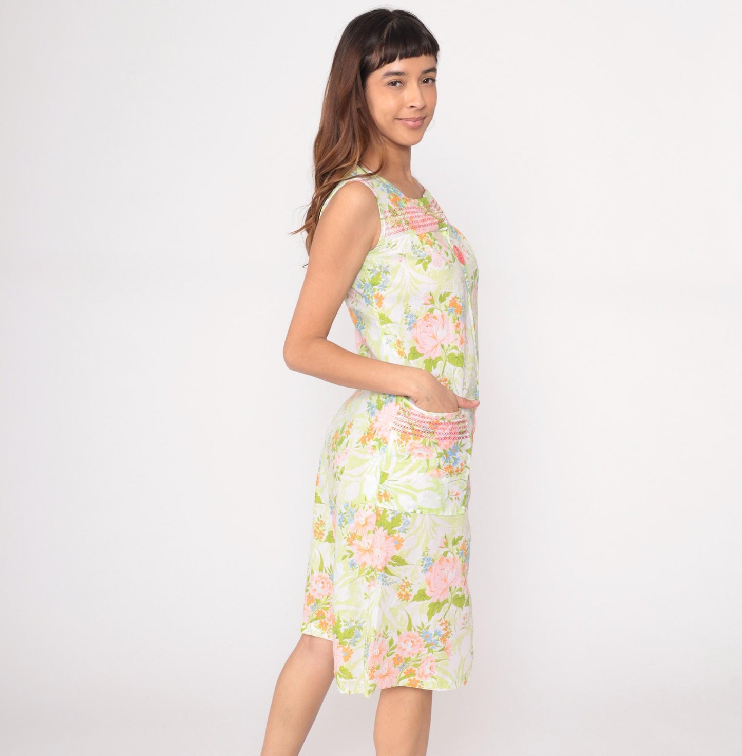 70s JC Penney Floral Maxi Dress Square Neck Smocked Yoke White Extra Small XS