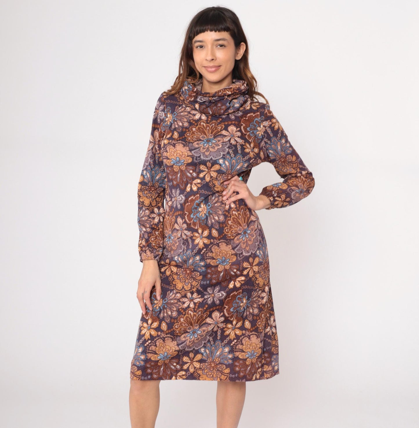70s Brown Navy Paisley Floral Turtleneck Dress Knee-Length Small