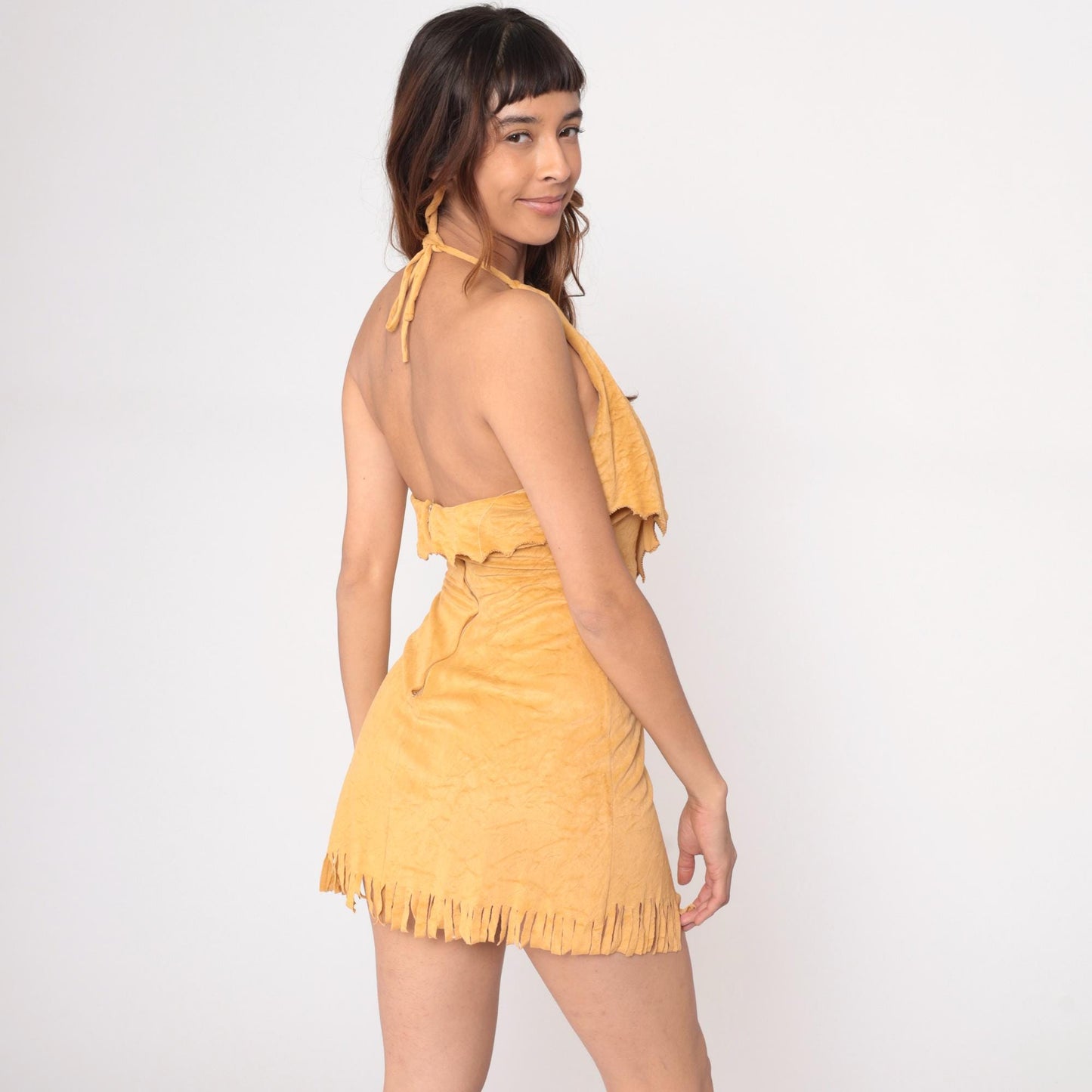 90s Coco Loco Yellow Halter Mini Dress Fringe Hem Medium M