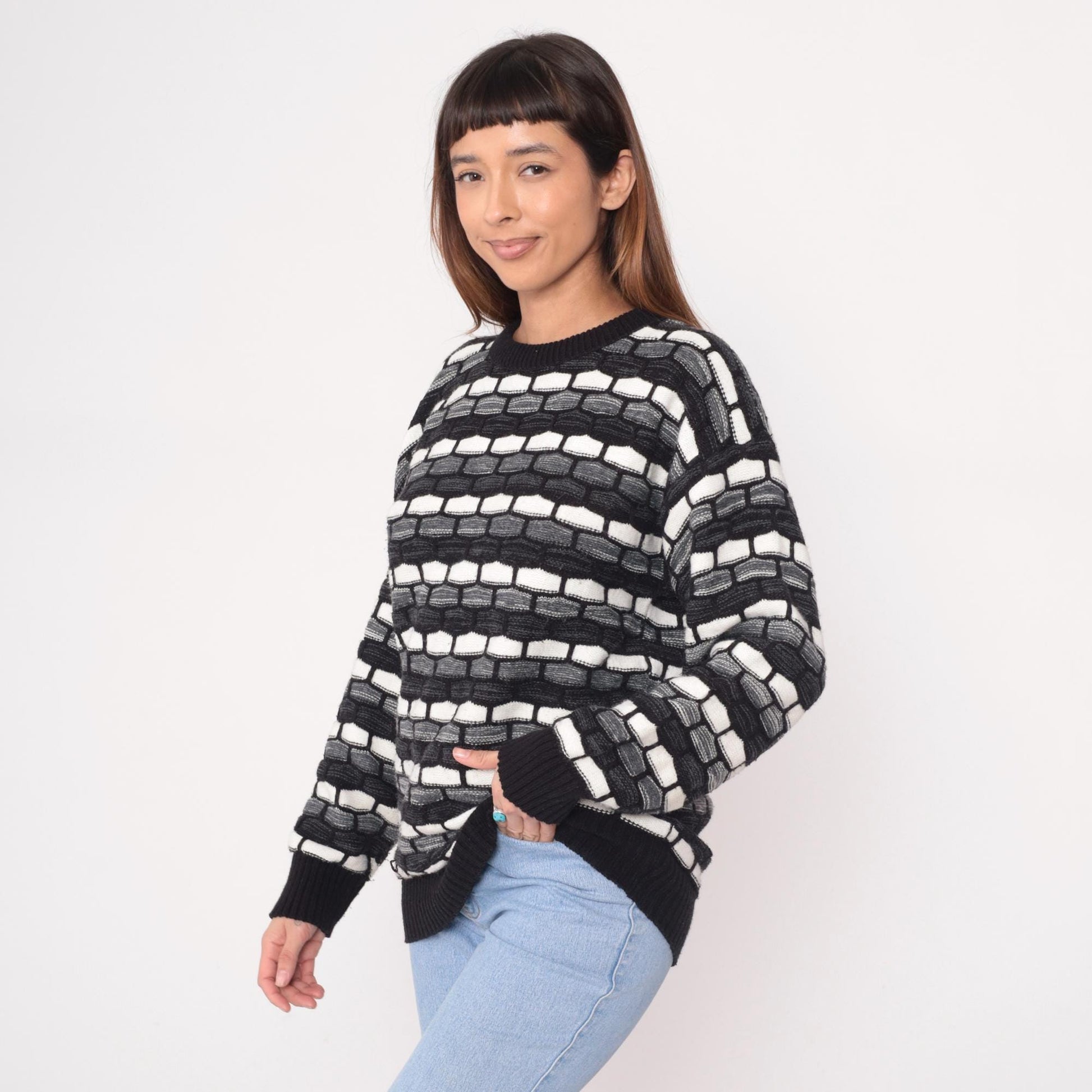90s Checkpoint Geometric Knit Sweater Black White Grey Brick Pattern Large L