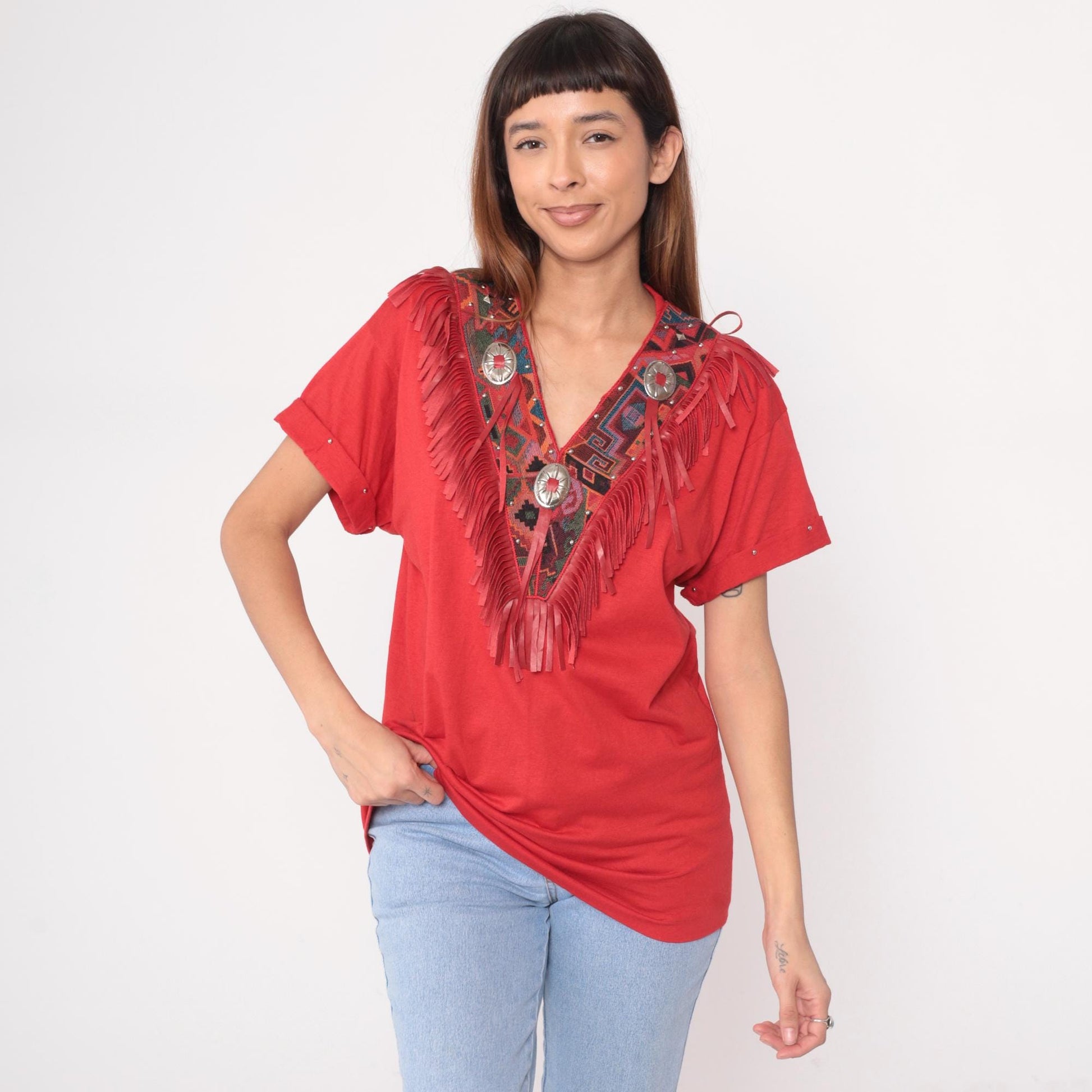 90s Joanie W. Southwestern Fringe Tunic Red Concho Embroidered V-Neck Medium