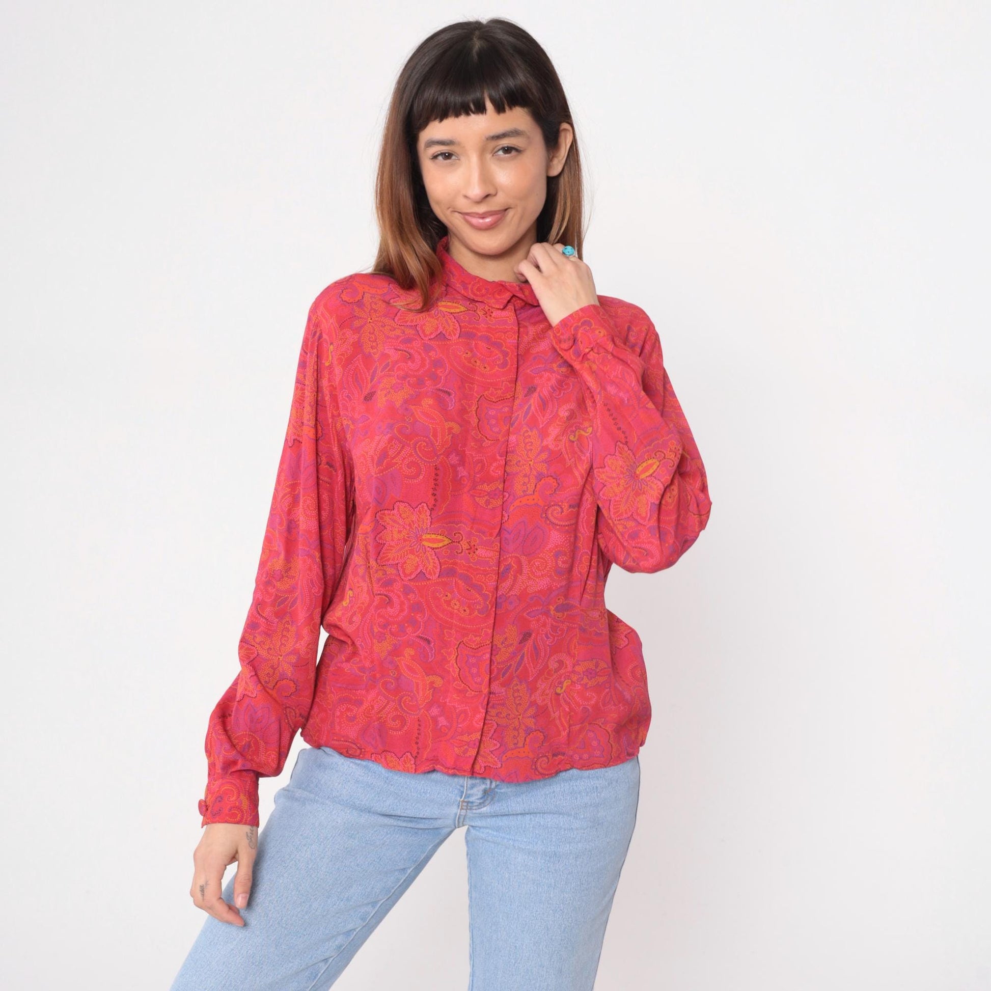 90s Evan Picone Coral Paisley Blouse Long Sleeve Pointed Collar Medium