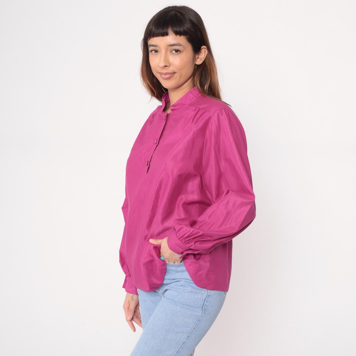 80s Pierre Cardin Magenta Button Blouse Diagonal Stripe Long Sleeve Extra Large