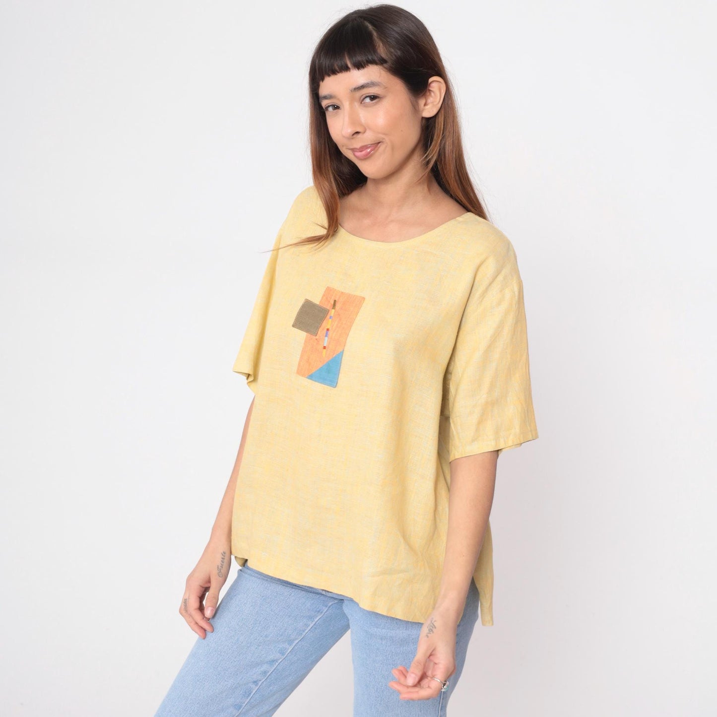 90s Nino Wong Yellow Linen Blouse Geometric Appliqué Short Sleeve Large L