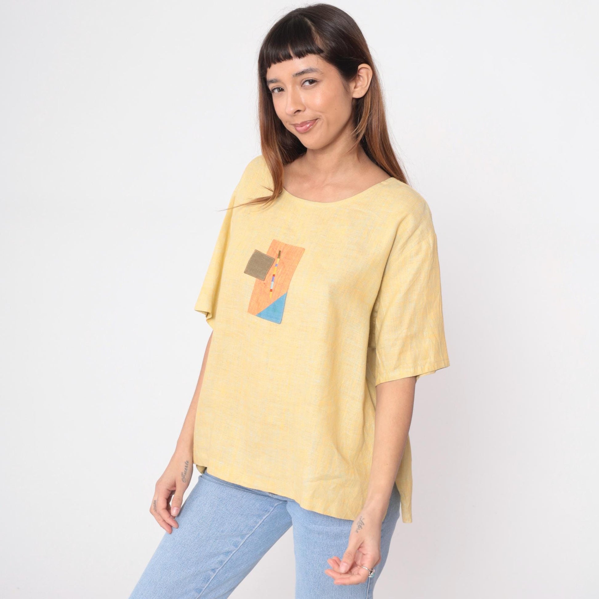 90s Nino Wong Yellow Linen Blouse Geometric Appliqué Short Sleeve Large L