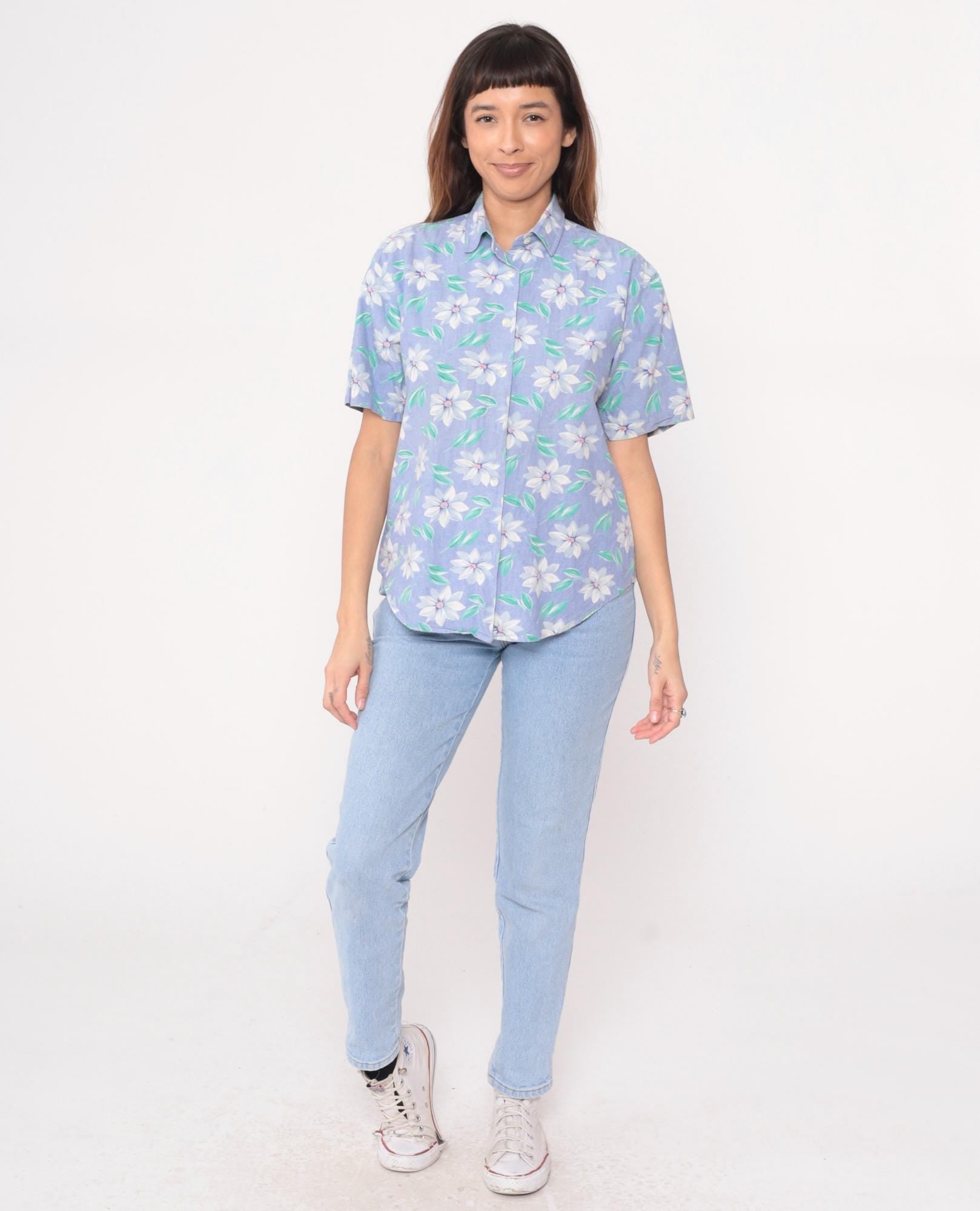 90s Picone Sport Purple Floral Cotton Blouse Short Sleeve Collared Small